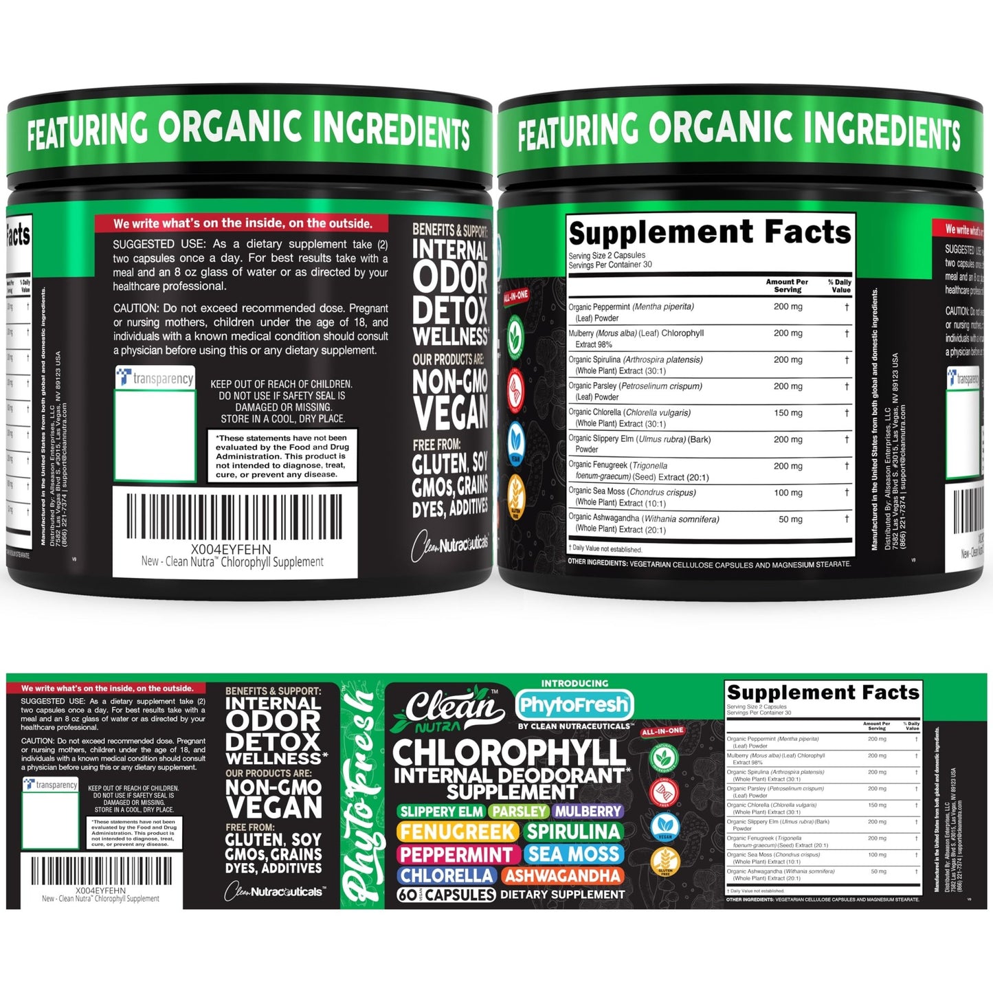 Clean Nutra Chlorophyll Capsules Supplement Internal Deodorant Peppermint, Sea Moss, Parsley, Chlorella, Spirulina, Slippery Elm, Ashwagandha, PhytoFresh Greens Detox Pills - dailyvitalstore
