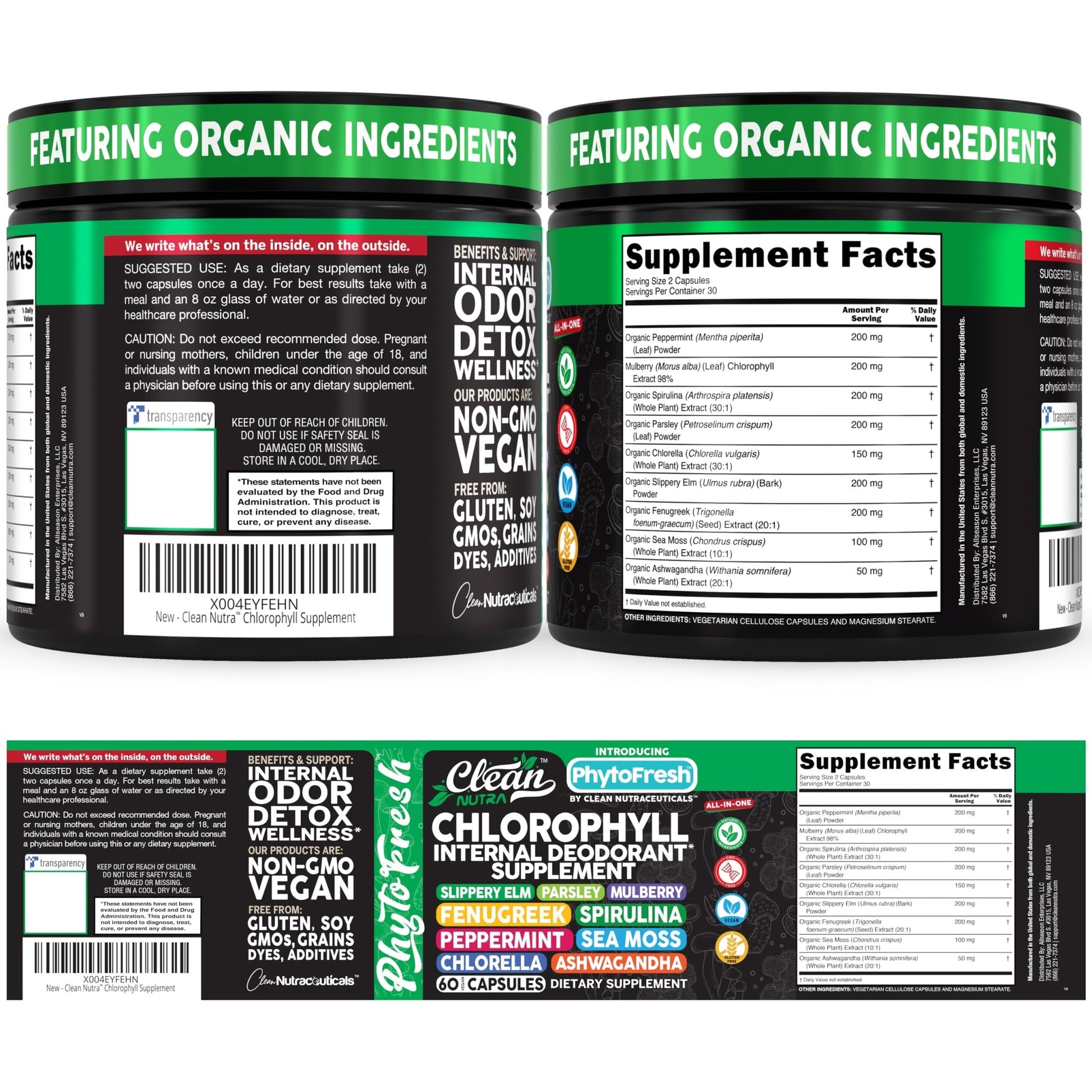 Clean Nutra Chlorophyll Capsules Supplement Internal Deodorant Peppermint, Sea Moss, Parsley, Chlorella, Spirulina, Slippery Elm, Ashwagandha, PhytoFresh Greens Detox Pills - dailyvitalstore