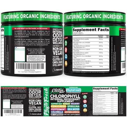 Clean Nutra Chlorophyll Capsules Supplement Internal Deodorant Peppermint, Sea Moss, Parsley, Chlorella, Spirulina, Slippery Elm, Ashwagandha, PhytoFresh Greens Detox Pills - dailyvitalstore