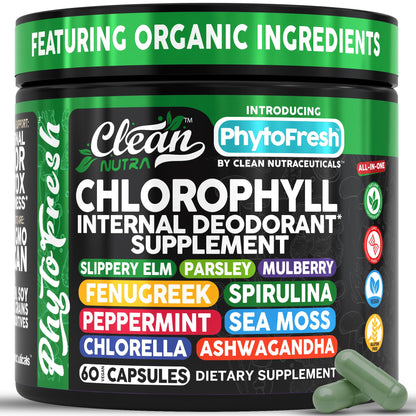 Clean Nutra Chlorophyll Capsules Supplement Internal Deodorant Peppermint, Sea Moss, Parsley, Chlorella, Spirulina, Slippery Elm, Ashwagandha, PhytoFresh Greens Detox Pills - dailyvitalstore