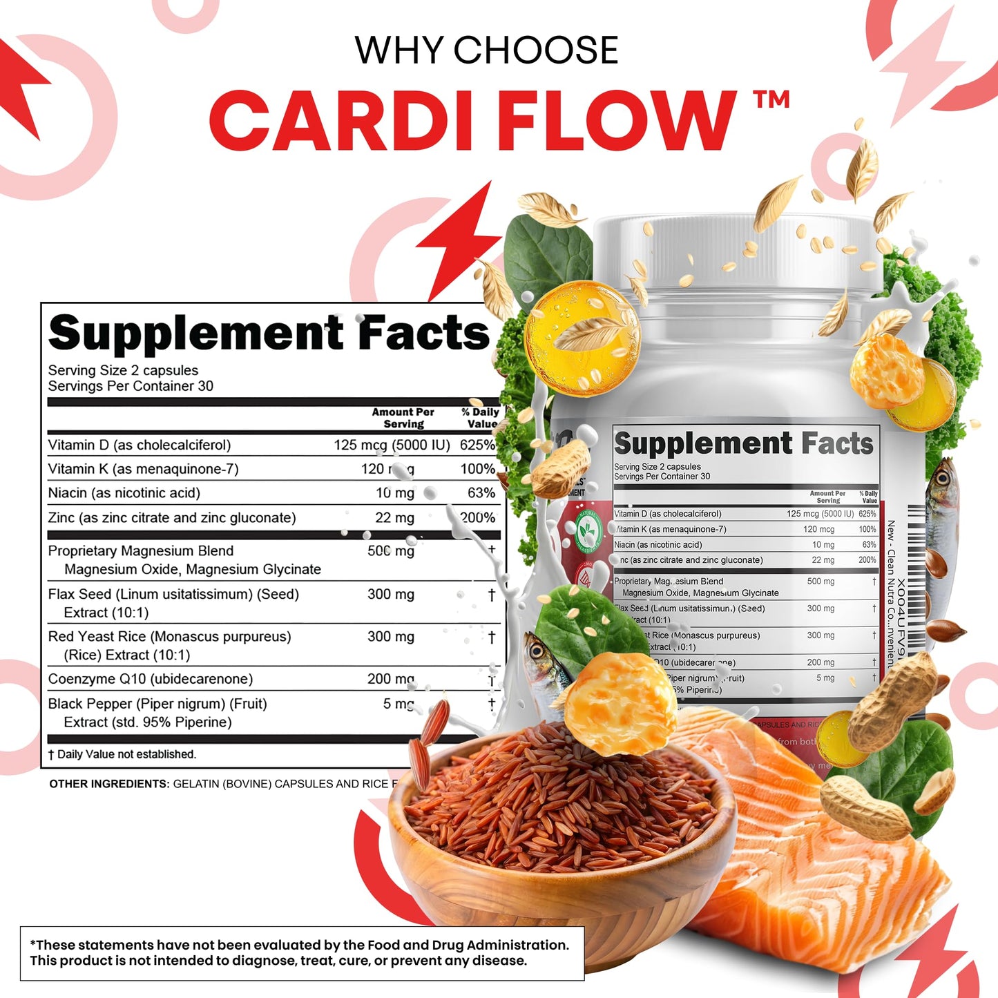 Clean Nutra CoQ10 Red Yeast Rice Magnesium Glycinate Vitamin K2 D3 Niacin Zinc Flax Seed Omega 3 Capsules 60 Count All in One Formula Premium Ingredients Dietary Supplement - dailyvitalstore