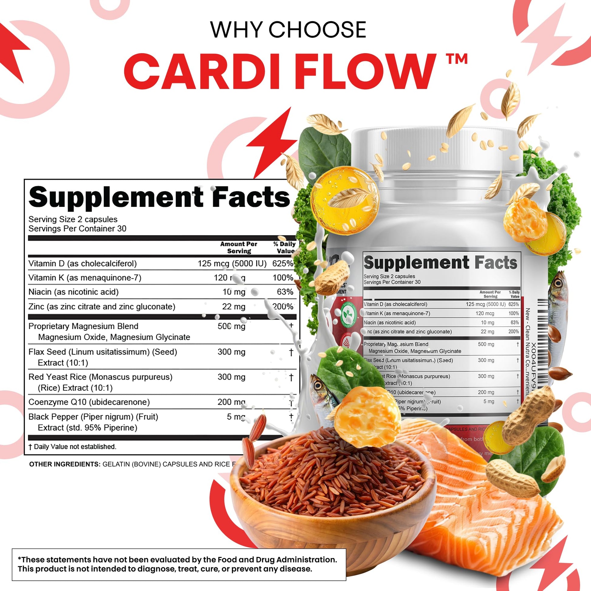 Clean Nutra CoQ10 Red Yeast Rice Magnesium Glycinate Vitamin K2 D3 Niacin Zinc Flax Seed Omega 3 Capsules 60 Count All in One Formula Premium Ingredients Dietary Supplement - dailyvitalstore