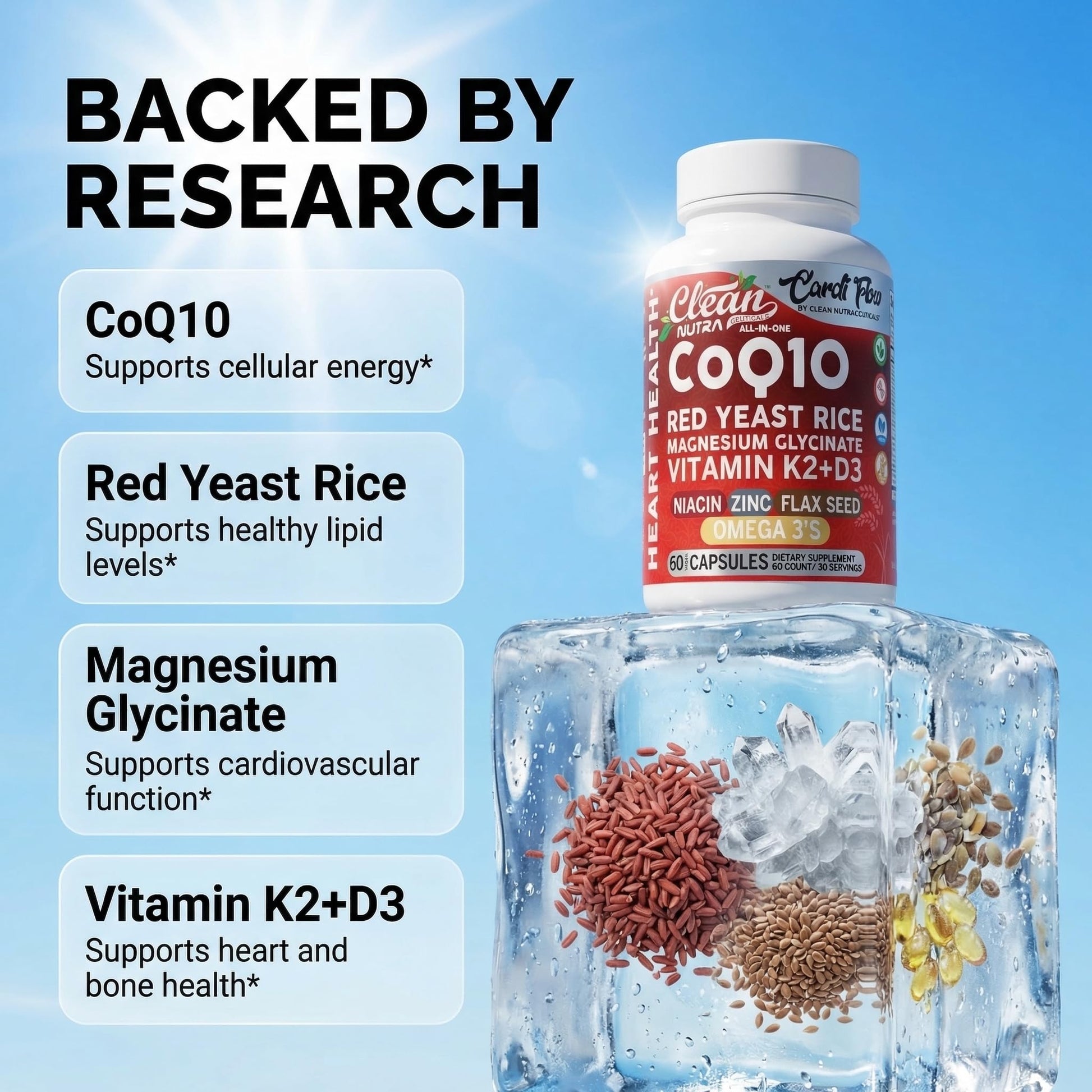 Clean Nutra CoQ10 Red Yeast Rice Magnesium Glycinate Vitamin K2 D3 Niacin Zinc Flax Seed Omega 3 Capsules 60 Count All in One Formula Premium Ingredients Dietary Supplement - dailyvitalstore
