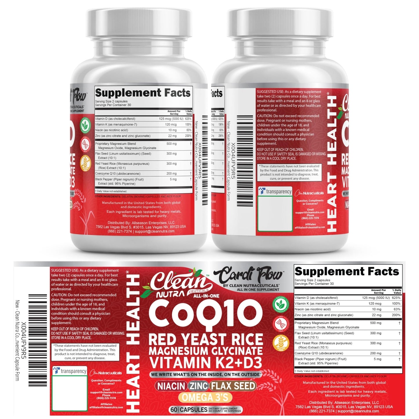 Clean Nutra CoQ10 Red Yeast Rice Magnesium Glycinate Vitamin K2 D3 Niacin Zinc Flax Seed Omega 3 Capsules 60 Count All in One Formula Premium Ingredients Dietary Supplement - dailyvitalstore