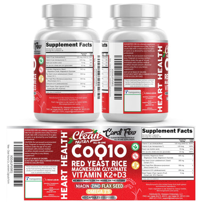 Clean Nutra CoQ10 Red Yeast Rice Magnesium Glycinate Vitamin K2 D3 Niacin Zinc Flax Seed Omega 3 Capsules 60 Count All in One Formula Premium Ingredients Dietary Supplement - dailyvitalstore