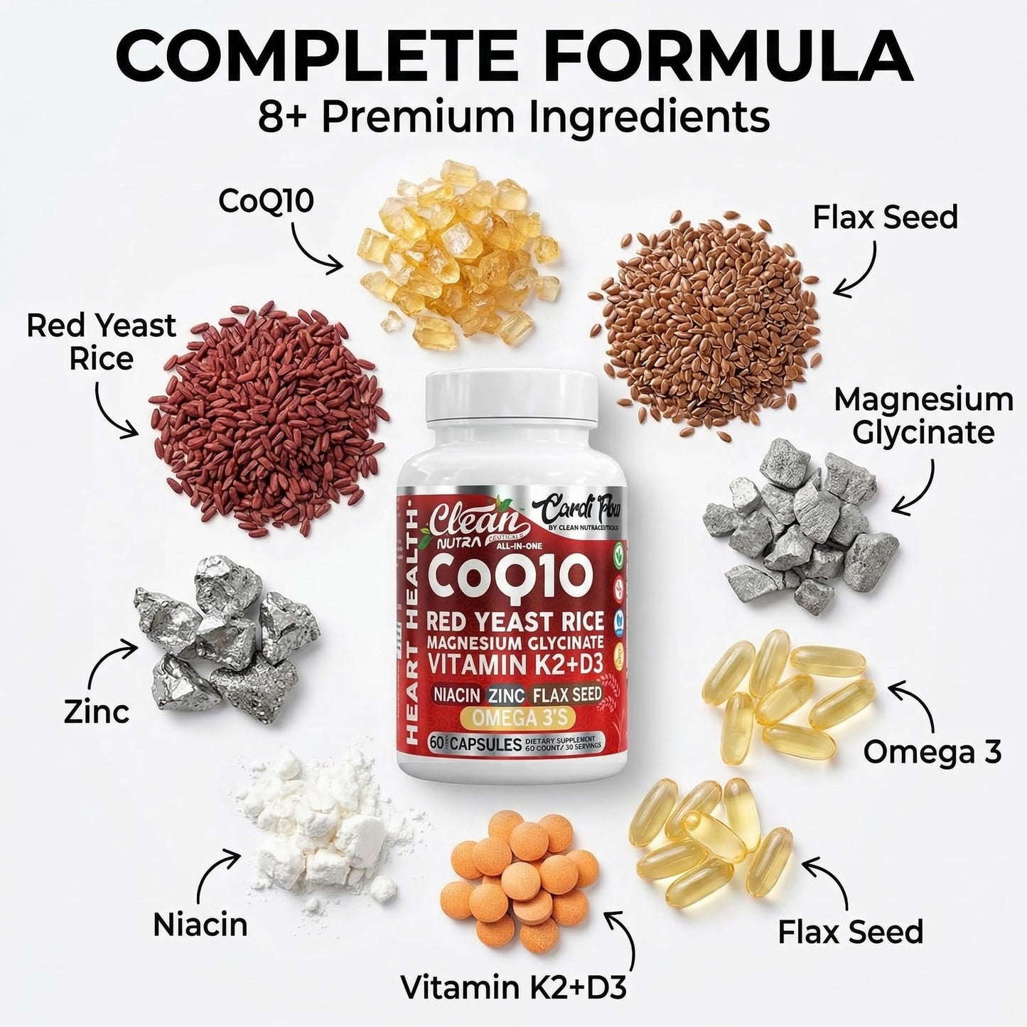 Clean Nutra CoQ10 Red Yeast Rice Magnesium Glycinate Vitamin K2 D3 Niacin Zinc Flax Seed Omega 3 Capsules 60 Count All in One Formula Premium Ingredients Dietary Supplement - dailyvitalstore