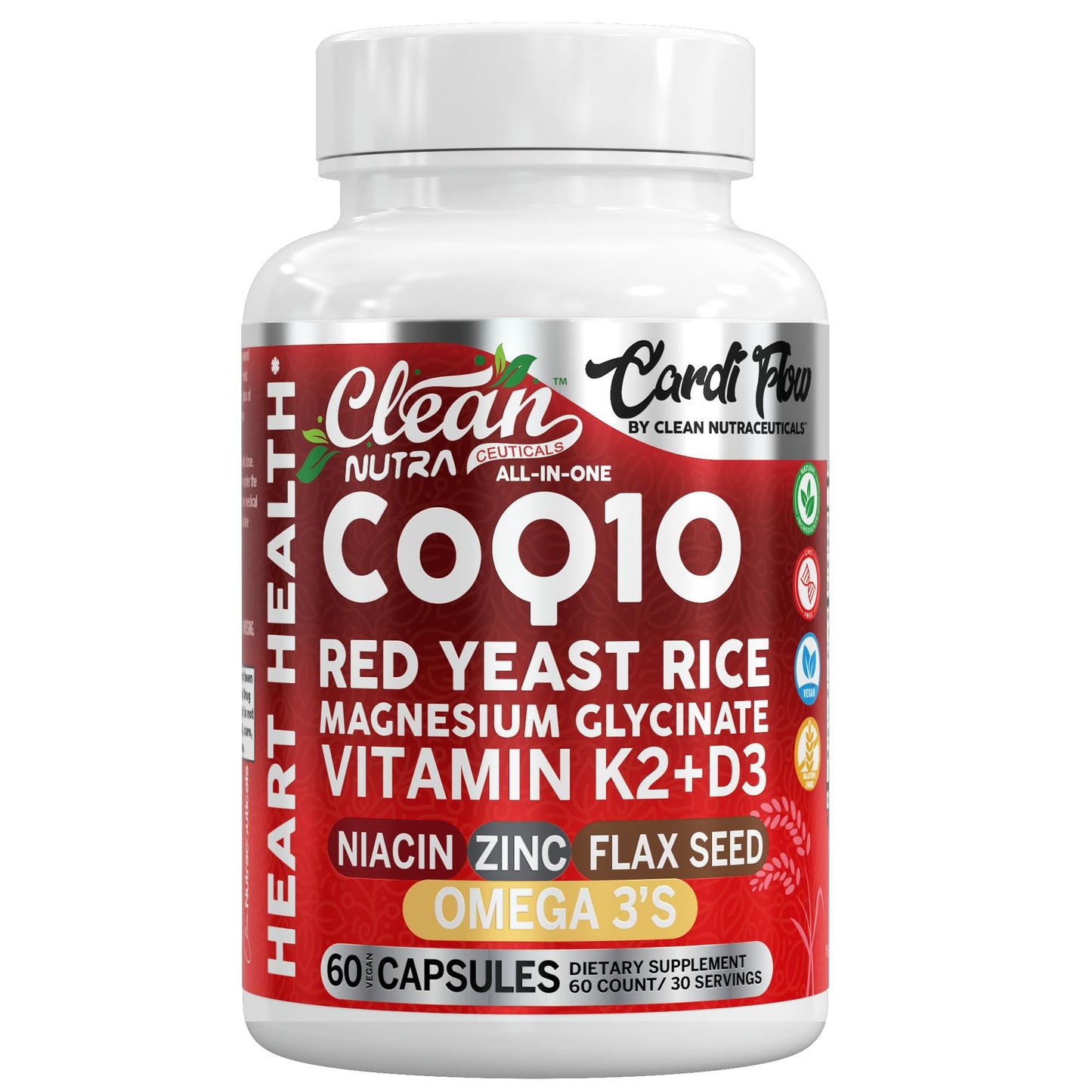 Clean Nutra CoQ10 Red Yeast Rice Magnesium Glycinate Vitamin K2 D3 Niacin Zinc Flax Seed Omega 3 Capsules 60 Count All in One Formula Premium Ingredients Dietary Supplement - dailyvitalstore