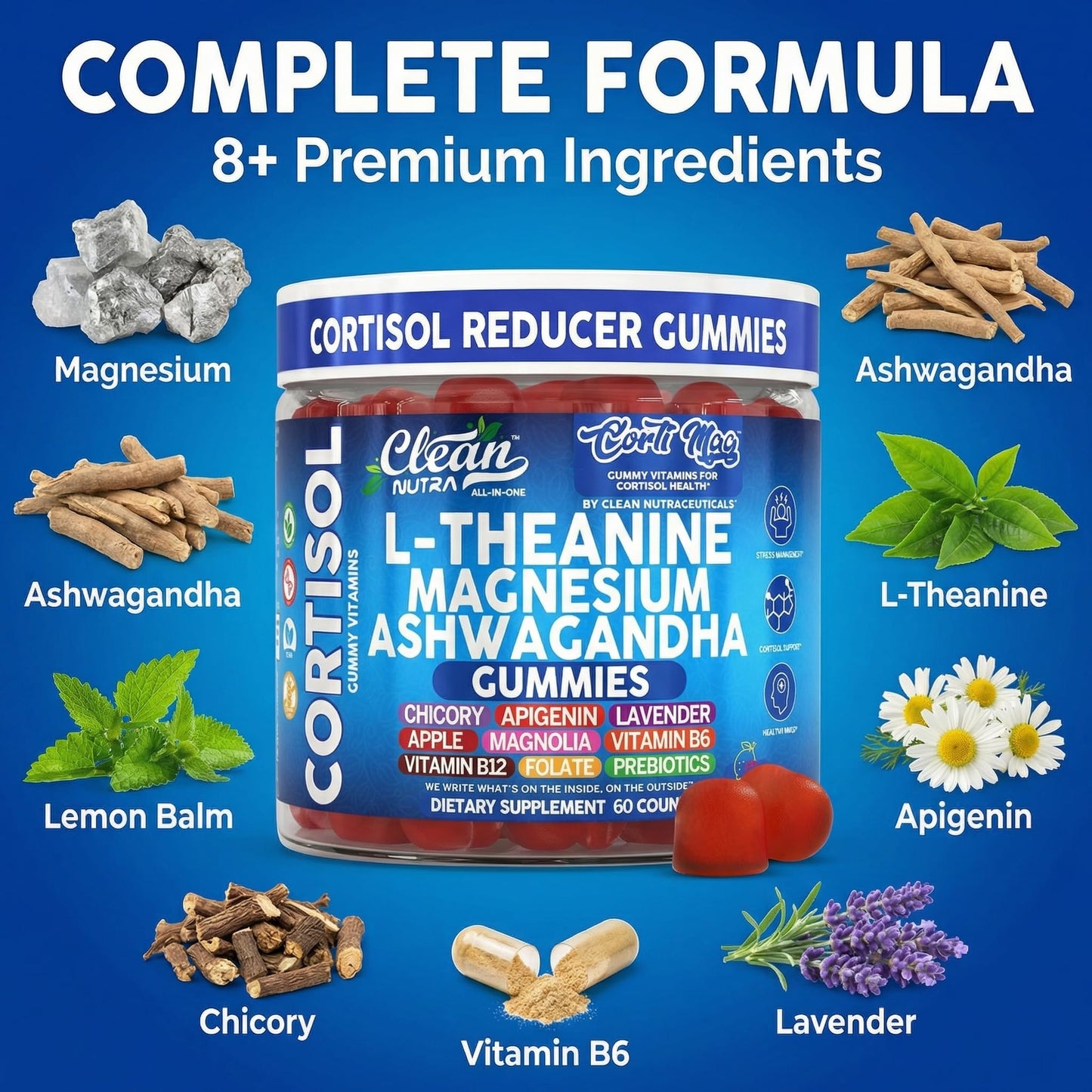 Clean Nutra Cortisol Supplement Gummies L-Theanine Magnesium Ashwagandha Apigenin Vitamin B6 Sleep and Calm Support Lavender Chicory Prebiotic Advanced Gummy Formula - dailyvitalstore