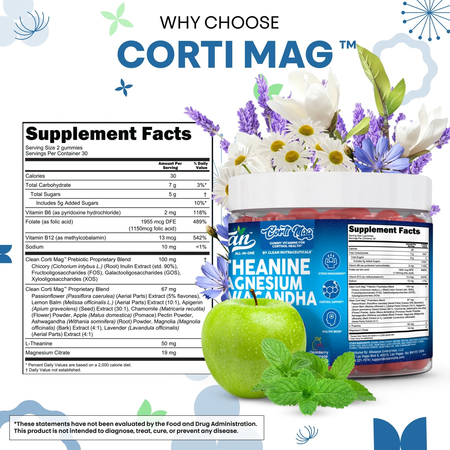 Clean Nutra Cortisol Supplement Gummies L-Theanine Magnesium Ashwagandha Apigenin Vitamin B6 Sleep and Calm Support Lavender Chicory Prebiotic Advanced Gummy Formula - dailyvitalstore