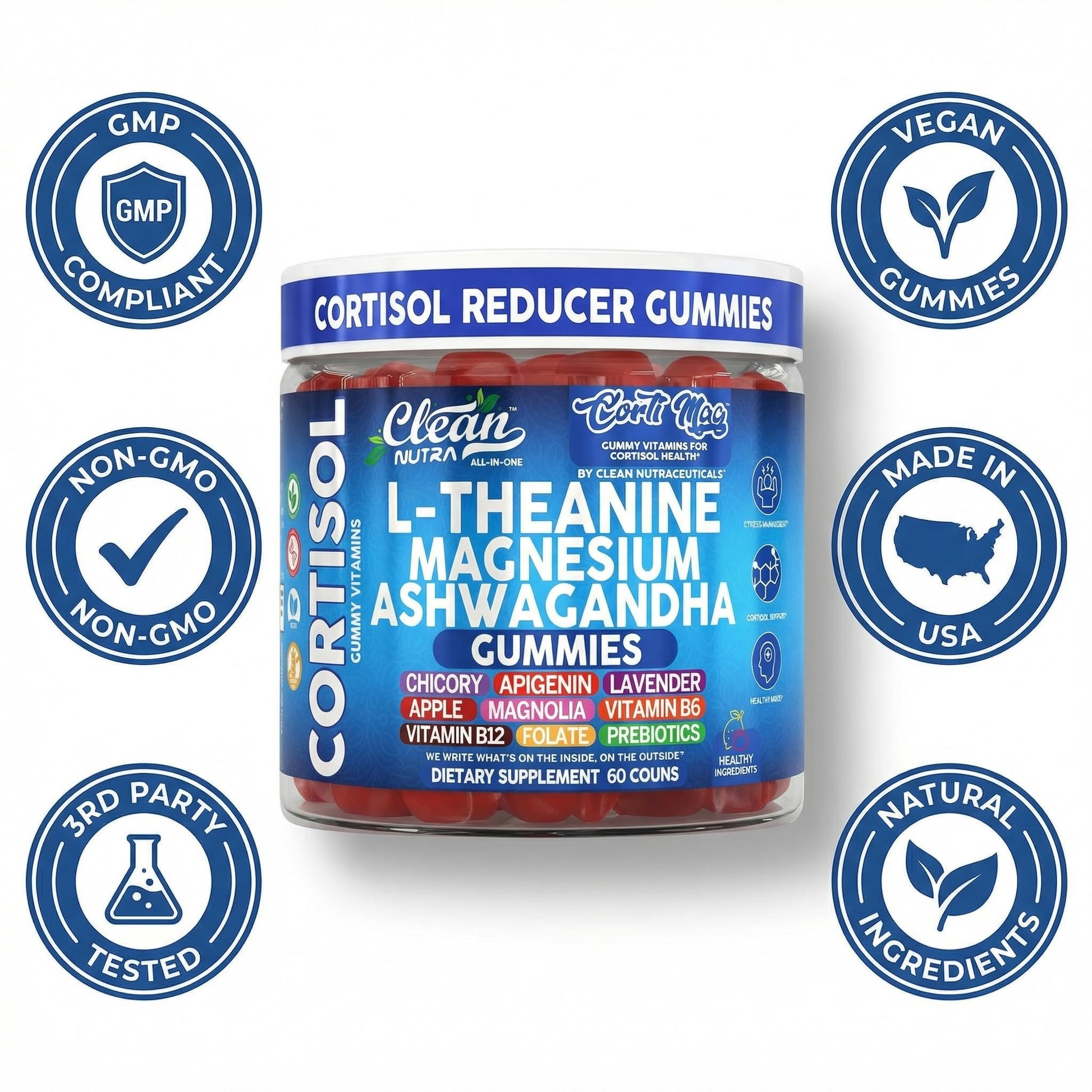 Clean Nutra Cortisol Supplement Gummies L-Theanine Magnesium Ashwagandha Apigenin Vitamin B6 Sleep and Calm Support Lavender Chicory Prebiotic Advanced Gummy Formula - dailyvitalstore