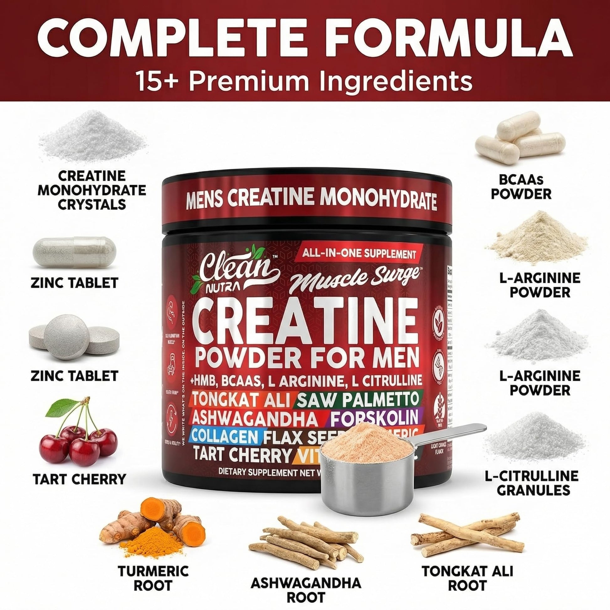 Clean Nutra Creatine Powder for Men + HMB BCAA L Arginine L Citrulline Tongkat Ali Saw Palmetto Ashwagandha Collagen Flax Seed Turmeric Preworkout Stevia - dailyvitalstore
