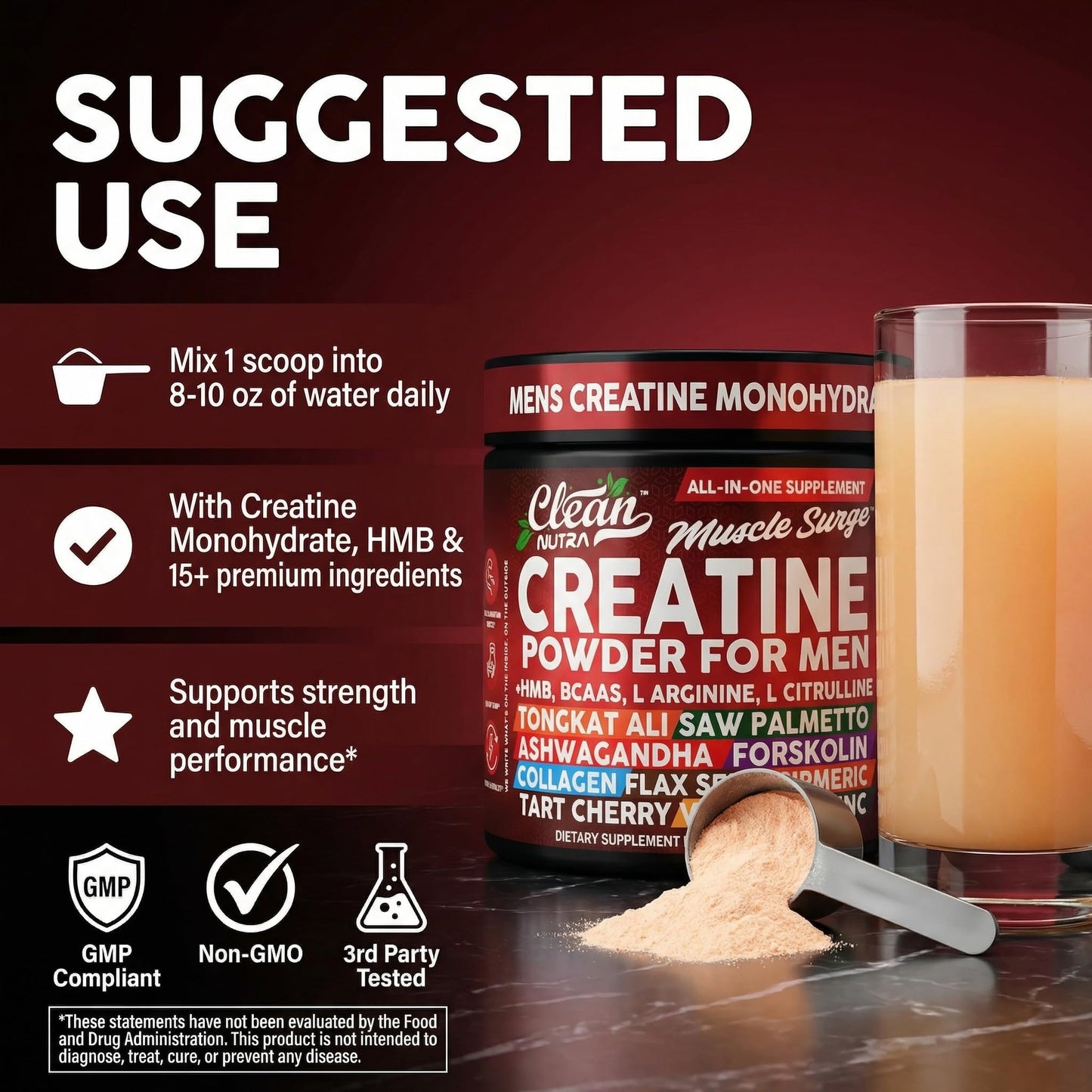 Clean Nutra Creatine Powder for Men + HMB BCAA L Arginine L Citrulline Tongkat Ali Saw Palmetto Ashwagandha Collagen Flax Seed Turmeric Preworkout Stevia - dailyvitalstore