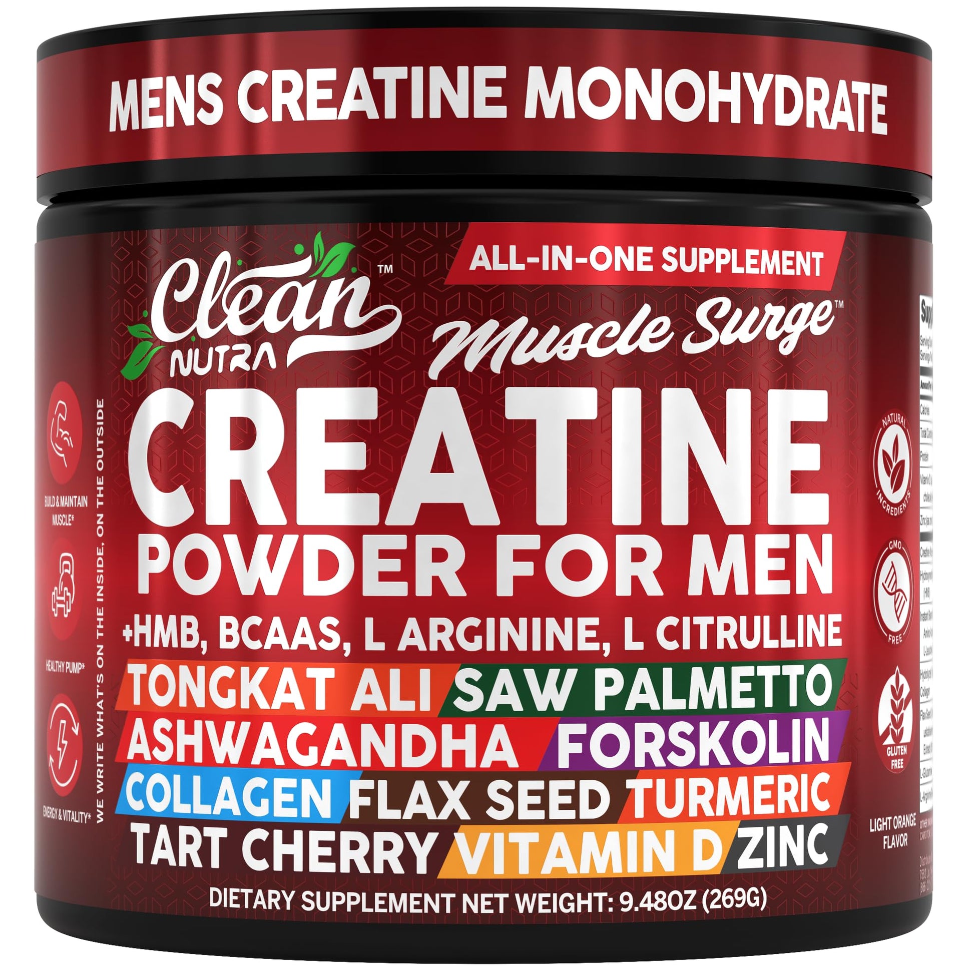 Clean Nutra Creatine Powder for Men + HMB BCAA L Arginine L Citrulline Tongkat Ali Saw Palmetto Ashwagandha Collagen Flax Seed Turmeric Preworkout Stevia - dailyvitalstore