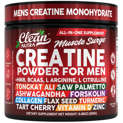 Clean Nutra Creatine Powder for Men + HMB BCAA L Arginine L Citrulline Tongkat Ali Saw Palmetto Ashwagandha Collagen Flax Seed Turmeric Preworkout Stevia - dailyvitalstore