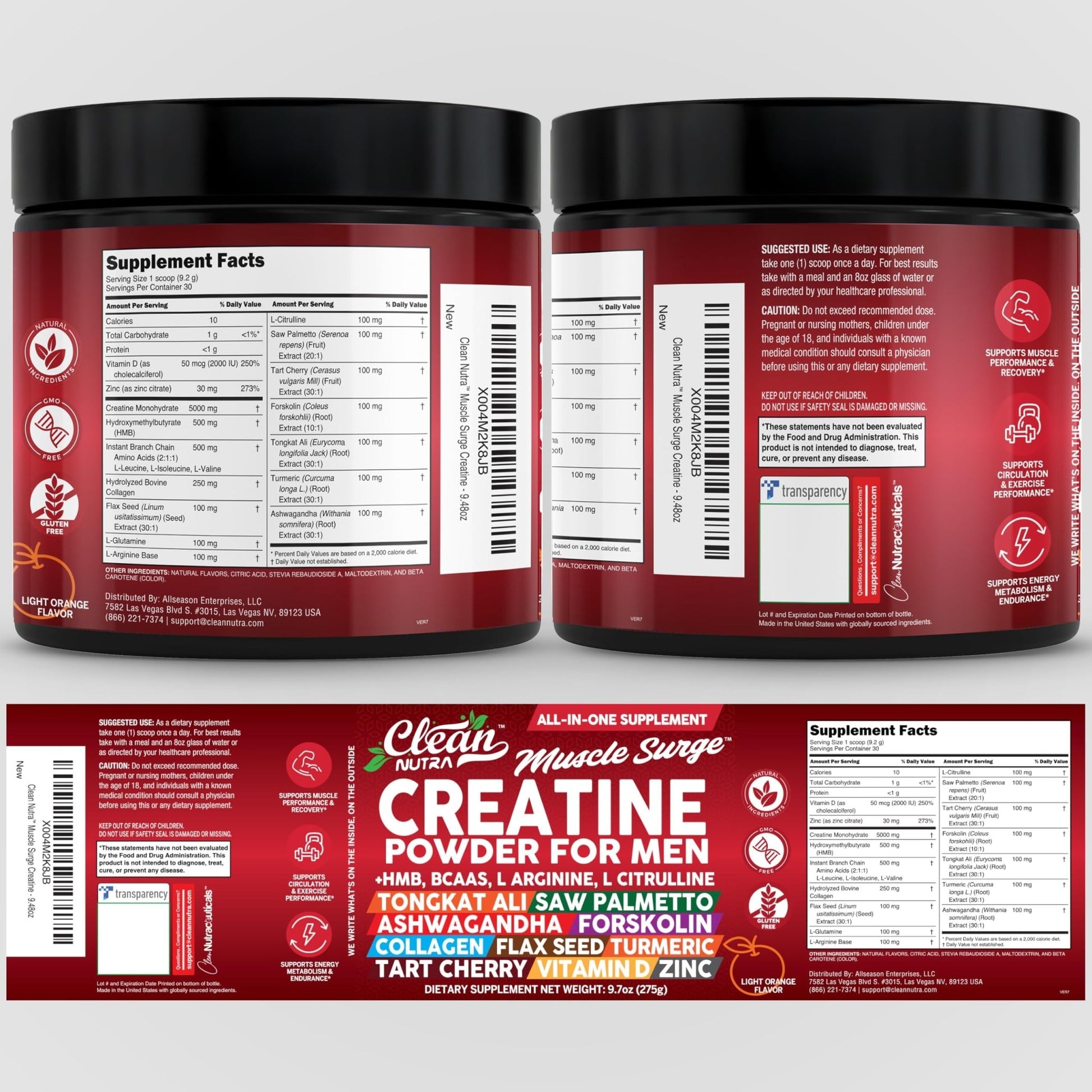Clean Nutra Creatine Powder for Men + HMB BCAA L Arginine L Citrulline Tongkat Ali Saw Palmetto Ashwagandha Collagen Flax Seed Turmeric Preworkout Stevia - dailyvitalstore