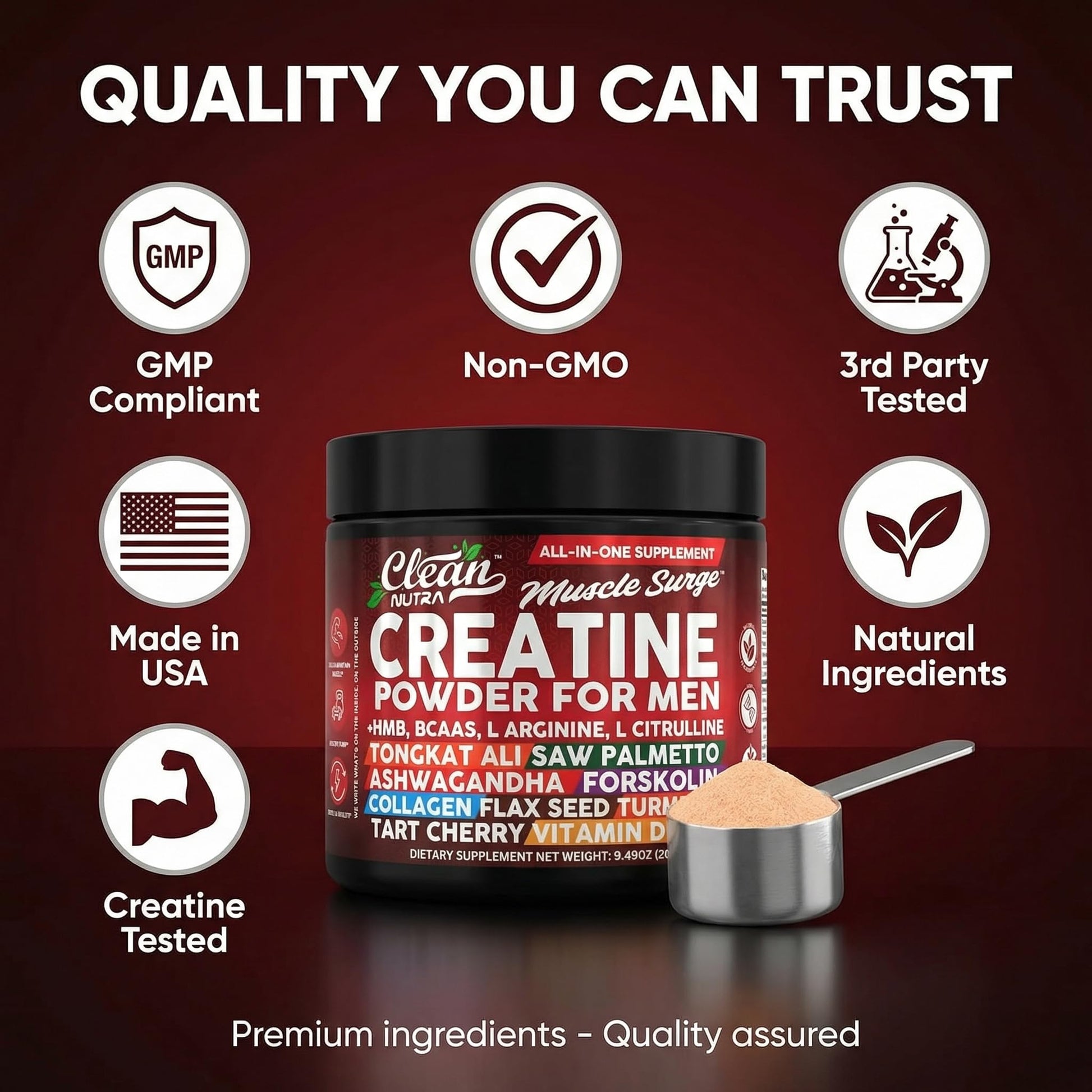 Clean Nutra Creatine Powder for Men + HMB BCAA L Arginine L Citrulline Tongkat Ali Saw Palmetto Ashwagandha Collagen Flax Seed Turmeric Preworkout Stevia - dailyvitalstore