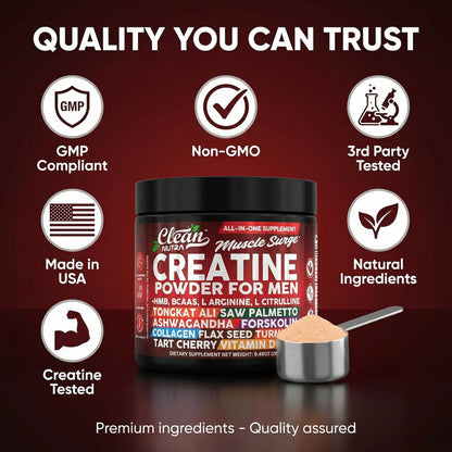 Clean Nutra Creatine Powder for Men + HMB BCAA L Arginine L Citrulline Tongkat Ali Saw Palmetto Ashwagandha Collagen Flax Seed Turmeric Preworkout Stevia - dailyvitalstore
