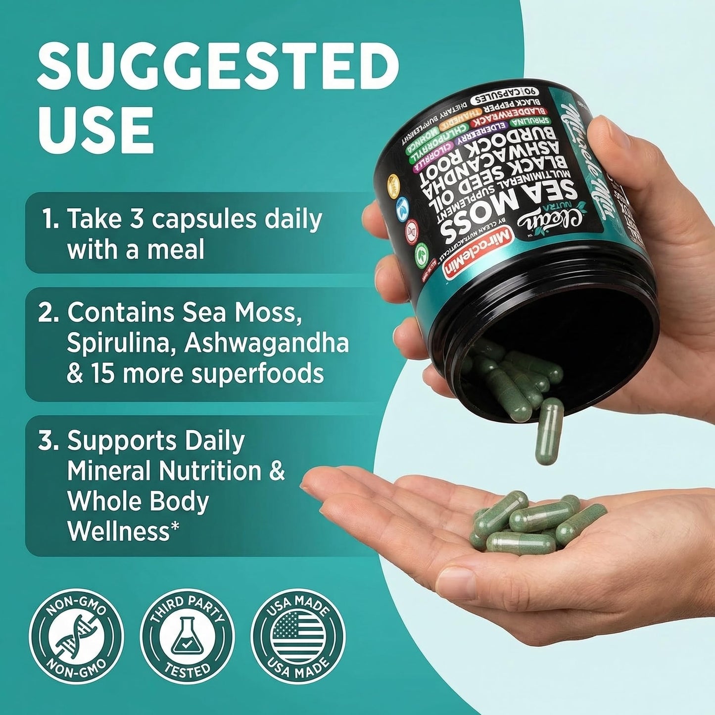 Clean Nutra Organic Sea Moss Capsules with Ashwagandha, Black Seed Oil, Burdock Root, Bladderwrack, Moringa, Chlorella, Spirulina, Turmeric, Elderberry, Amla – 90 Vegan Capsules – MiracleMin - dailyvitalstore