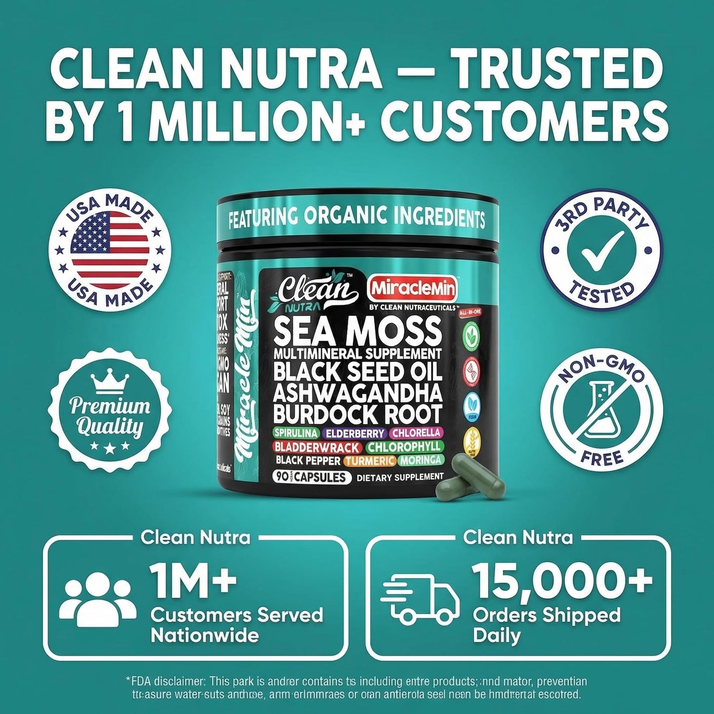 Clean Nutra Organic Sea Moss Capsules with Ashwagandha, Black Seed Oil, Burdock Root, Bladderwrack, Moringa, Chlorella, Spirulina, Turmeric, Elderberry, Amla – 90 Vegan Capsules – MiracleMin - dailyvitalstore