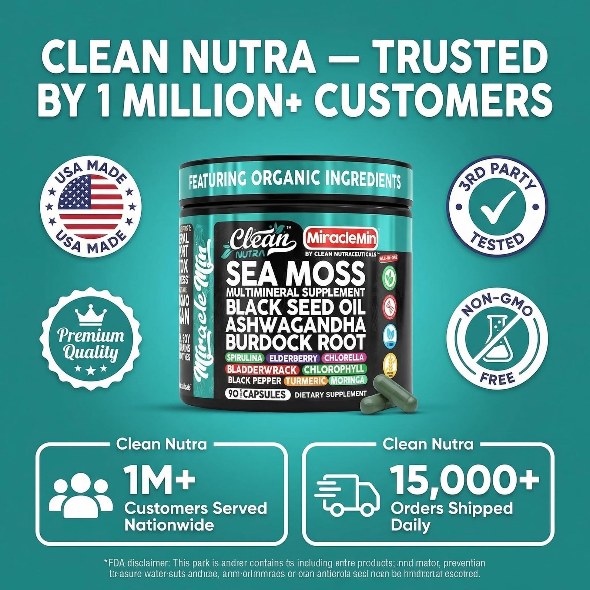 Clean Nutra Organic Sea Moss Capsules with Ashwagandha, Black Seed Oil, Burdock Root, Bladderwrack, Moringa, Chlorella, Spirulina, Turmeric, Elderberry, Amla – 90 Vegan Capsules – MiracleMin - dailyvitalstore