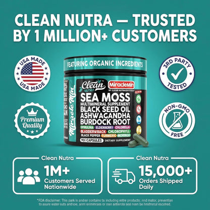 Clean Nutra Organic Sea Moss Capsules with Ashwagandha, Black Seed Oil, Burdock Root, Bladderwrack, Moringa, Chlorella, Spirulina, Turmeric, Elderberry, Amla – 90 Vegan Capsules – MiracleMin - dailyvitalstore