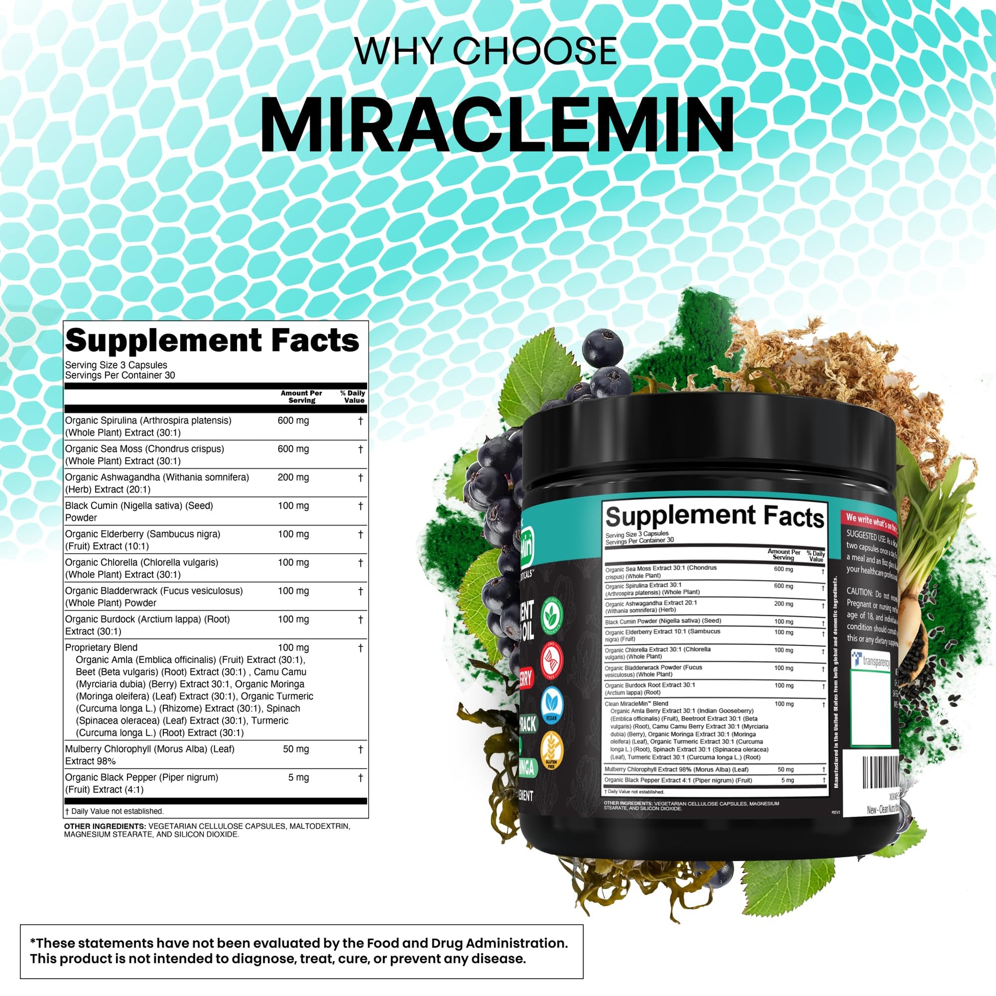 Clean Nutra Organic Sea Moss Capsules with Ashwagandha, Black Seed Oil, Burdock Root, Bladderwrack, Moringa, Chlorella, Spirulina, Turmeric, Elderberry, Amla – 90 Vegan Capsules – MiracleMin - dailyvitalstore