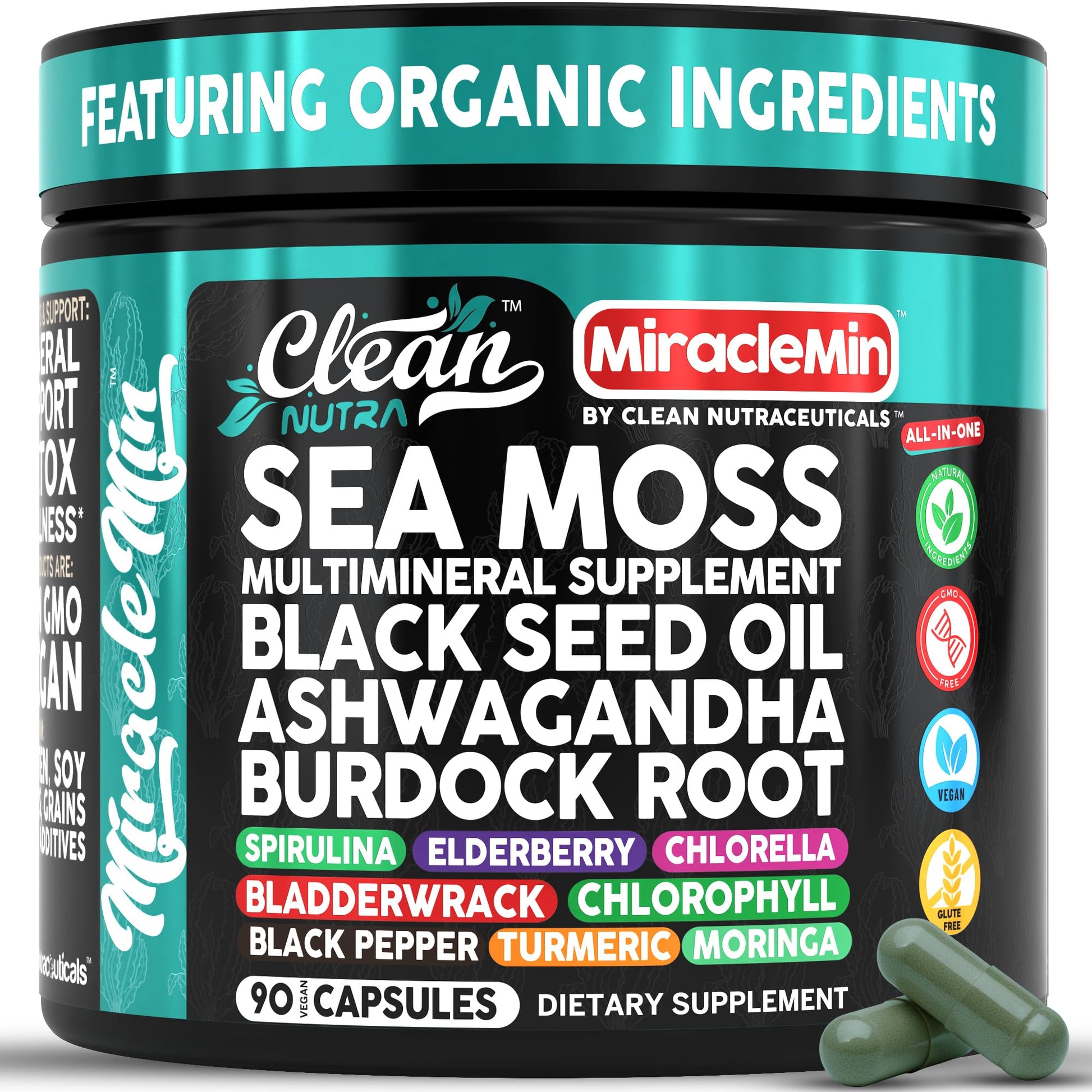 Clean Nutra Organic Sea Moss Capsules with Ashwagandha, Black Seed Oil, Burdock Root, Bladderwrack, Moringa, Chlorella, Spirulina, Turmeric, Elderberry, Amla – 90 Vegan Capsules – MiracleMin - dailyvitalstore