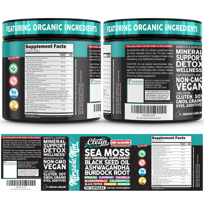 Clean Nutra Organic Sea Moss Capsules with Ashwagandha, Black Seed Oil, Burdock Root, Bladderwrack, Moringa, Chlorella, Spirulina, Turmeric, Elderberry, Amla – 90 Vegan Capsules – MiracleMin - dailyvitalstore