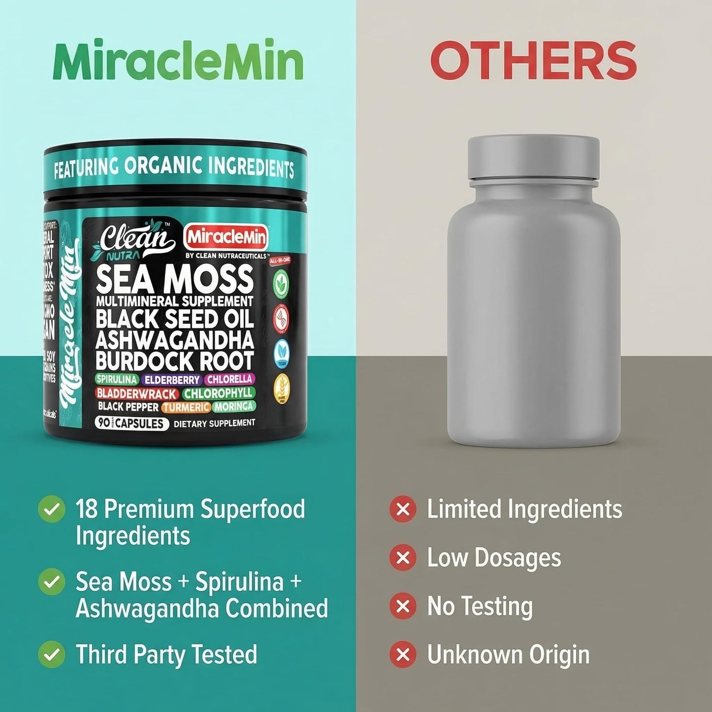 Clean Nutra Organic Sea Moss Capsules with Ashwagandha, Black Seed Oil, Burdock Root, Bladderwrack, Moringa, Chlorella, Spirulina, Turmeric, Elderberry, Amla – 90 Vegan Capsules – MiracleMin - dailyvitalstore
