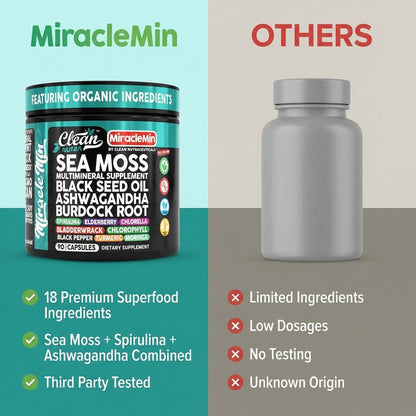 Clean Nutra Organic Sea Moss Capsules with Ashwagandha, Black Seed Oil, Burdock Root, Bladderwrack, Moringa, Chlorella, Spirulina, Turmeric, Elderberry, Amla – 90 Vegan Capsules – MiracleMin - dailyvitalstore