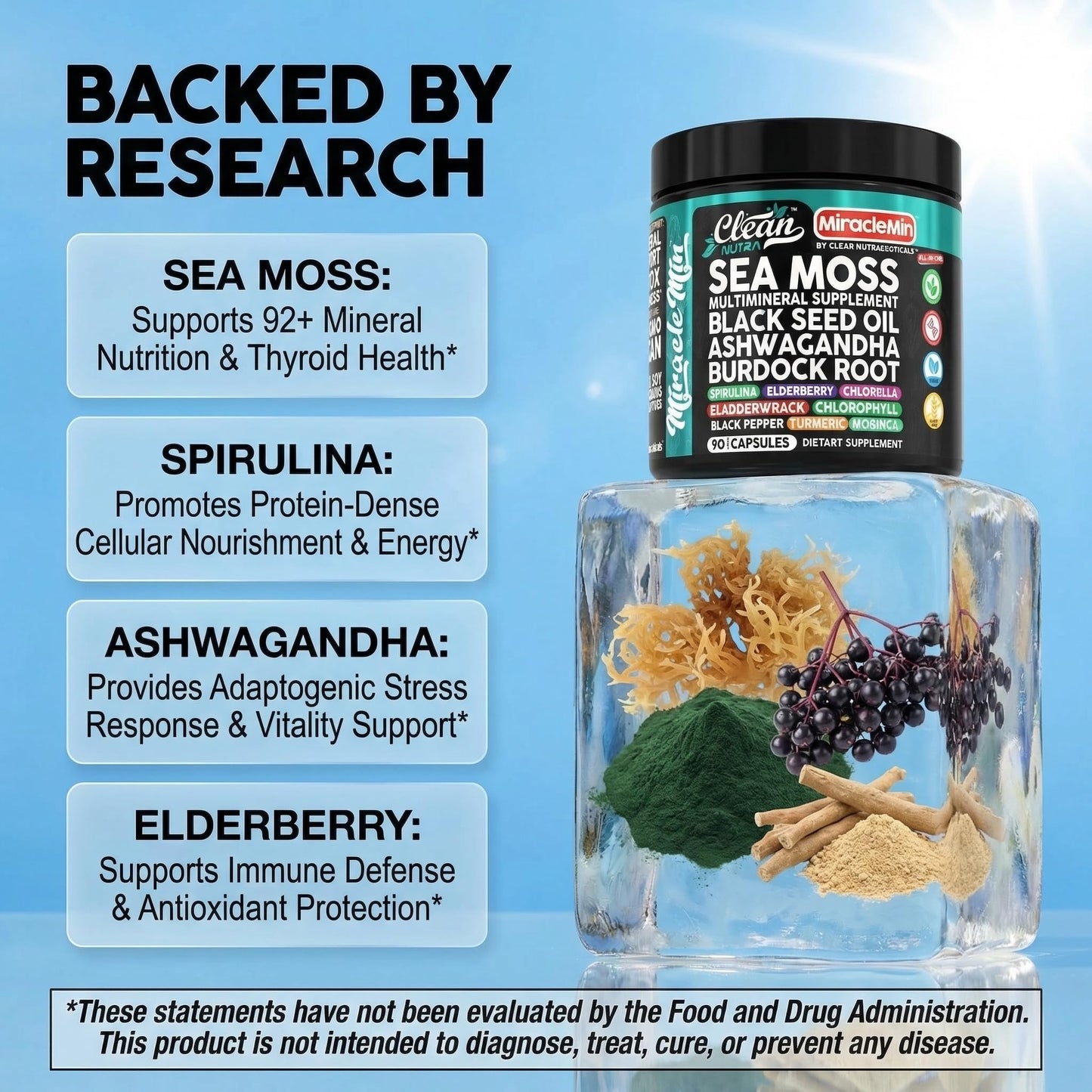 Clean Nutra Organic Sea Moss Capsules with Ashwagandha, Black Seed Oil, Burdock Root, Bladderwrack, Moringa, Chlorella, Spirulina, Turmeric, Elderberry, Amla – 90 Vegan Capsules – MiracleMin - dailyvitalstore