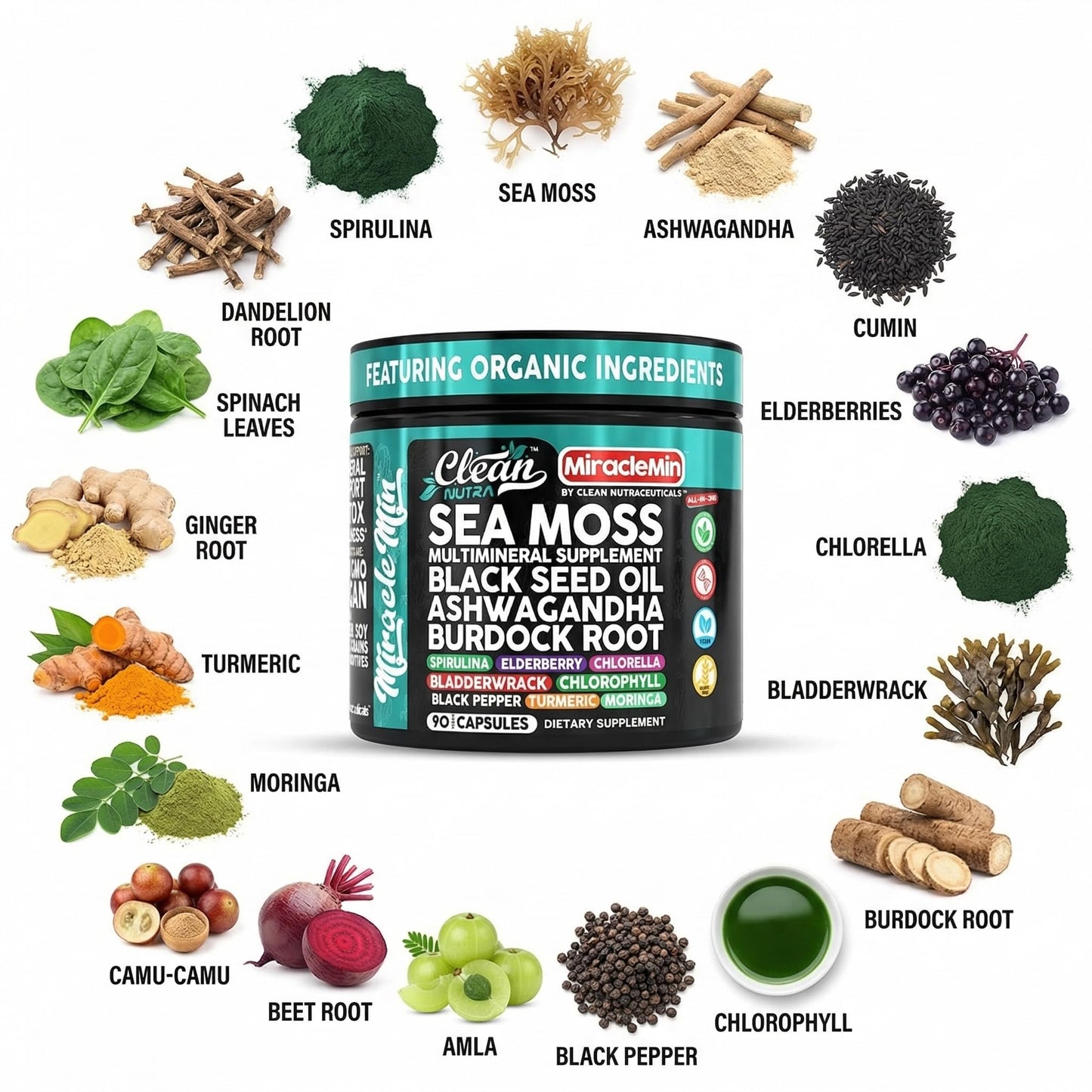 Clean Nutra Organic Sea Moss Capsules with Ashwagandha, Black Seed Oil, Burdock Root, Bladderwrack, Moringa, Chlorella, Spirulina, Turmeric, Elderberry, Amla – 90 Vegan Capsules – MiracleMin - dailyvitalstore