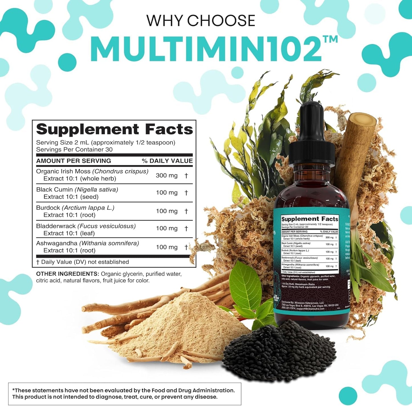Clean Nutra Organic Sea Moss Drops Supplement | Black Seed Oil Irish Seamoss Ashwagandha Burdock Root & Bladderwrack - Multimineral Liquid Vegan - dailyvitalstore