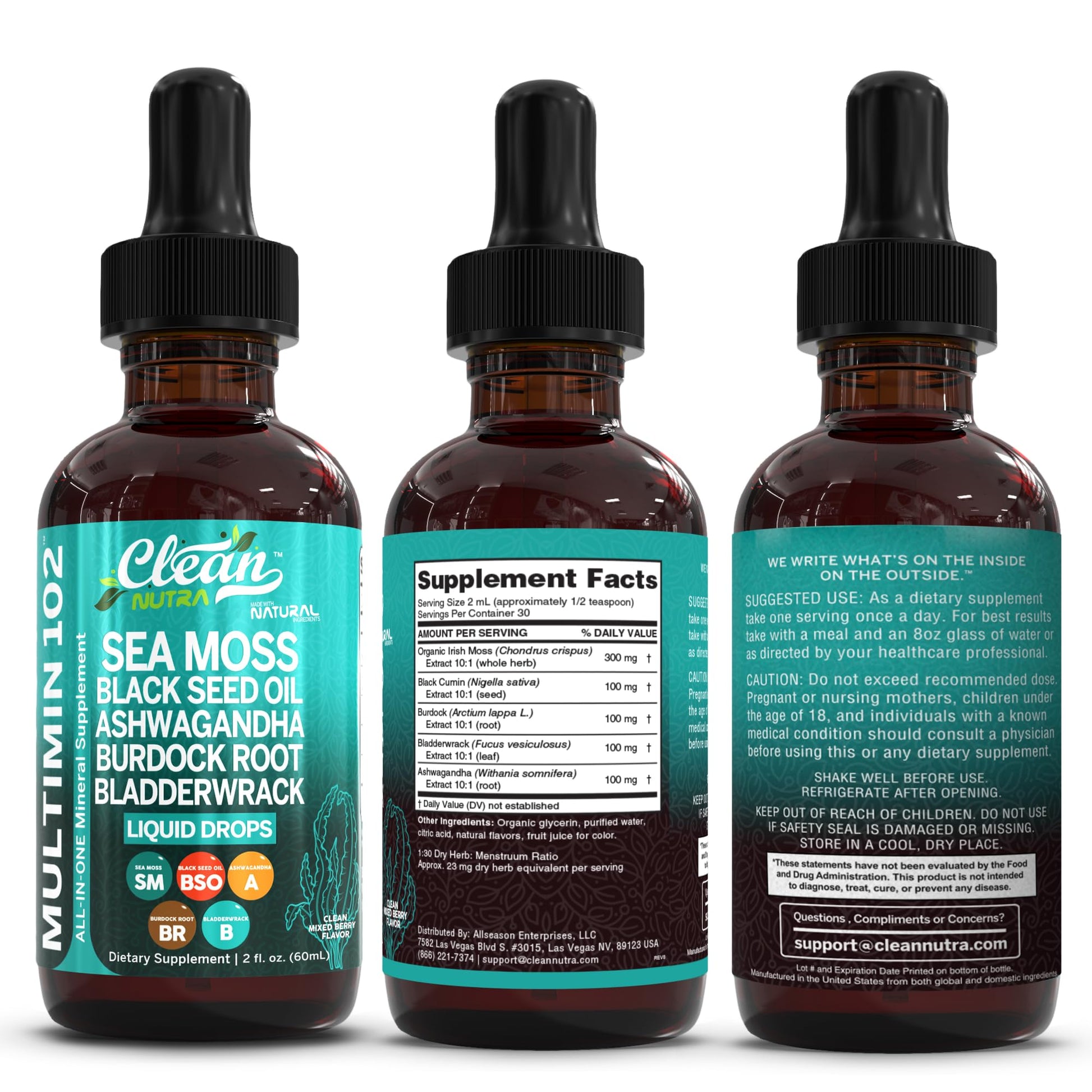 Clean Nutra Organic Sea Moss Drops Supplement | Black Seed Oil Irish Seamoss Ashwagandha Burdock Root & Bladderwrack - Multimineral Liquid Vegan - dailyvitalstore