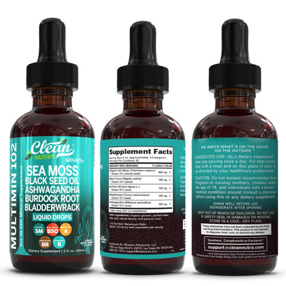 Clean Nutra Organic Sea Moss Drops Supplement | Black Seed Oil Irish Seamoss Ashwagandha Burdock Root & Bladderwrack - Multimineral Liquid Vegan - dailyvitalstore