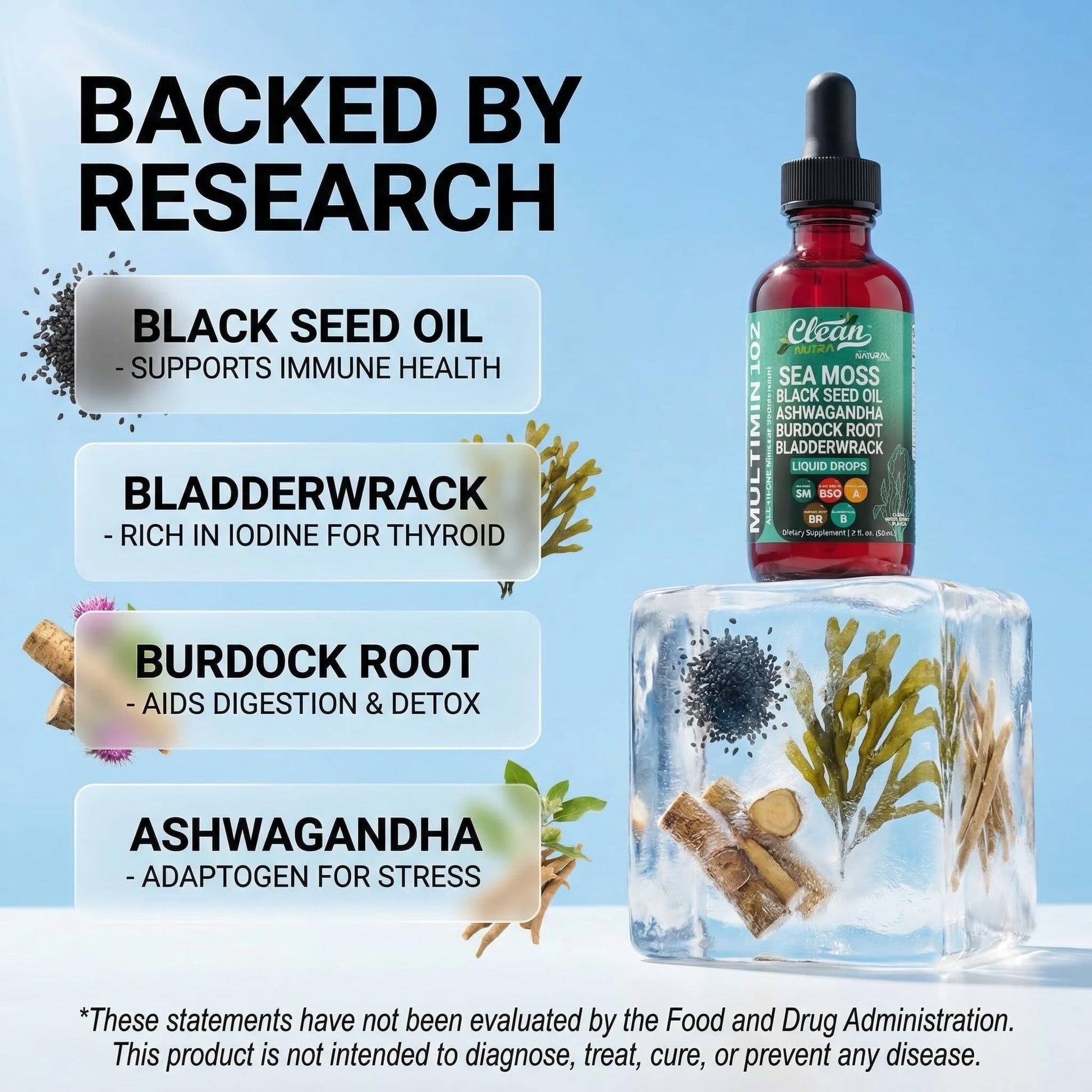 Clean Nutra Organic Sea Moss Drops Supplement | Black Seed Oil Irish Seamoss Ashwagandha Burdock Root & Bladderwrack - Multimineral Liquid Vegan - dailyvitalstore