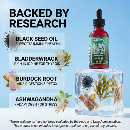 Clean Nutra Organic Sea Moss Drops Supplement | Black Seed Oil Irish Seamoss Ashwagandha Burdock Root & Bladderwrack - Multimineral Liquid Vegan - dailyvitalstore