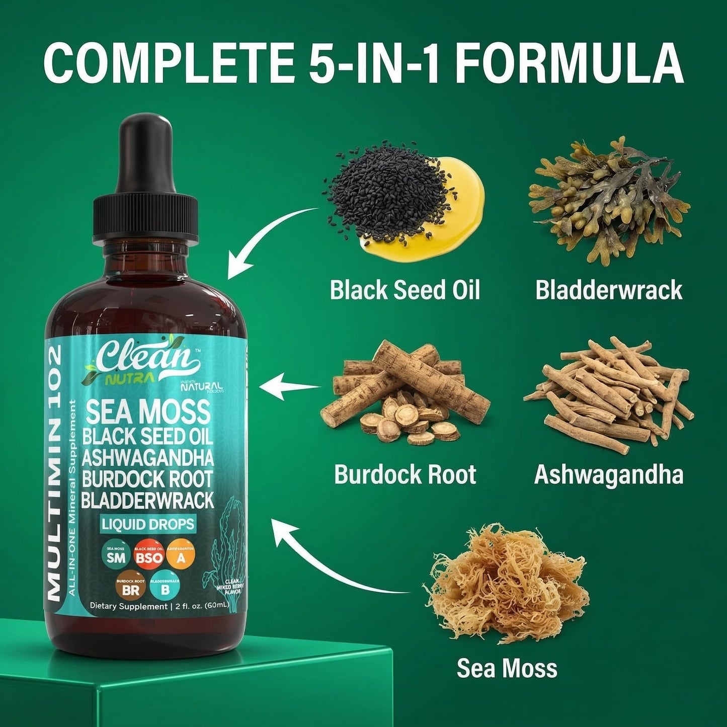 Clean Nutra Organic Sea Moss Drops Supplement | Black Seed Oil Irish Seamoss Ashwagandha Burdock Root & Bladderwrack - Multimineral Liquid Vegan - dailyvitalstore