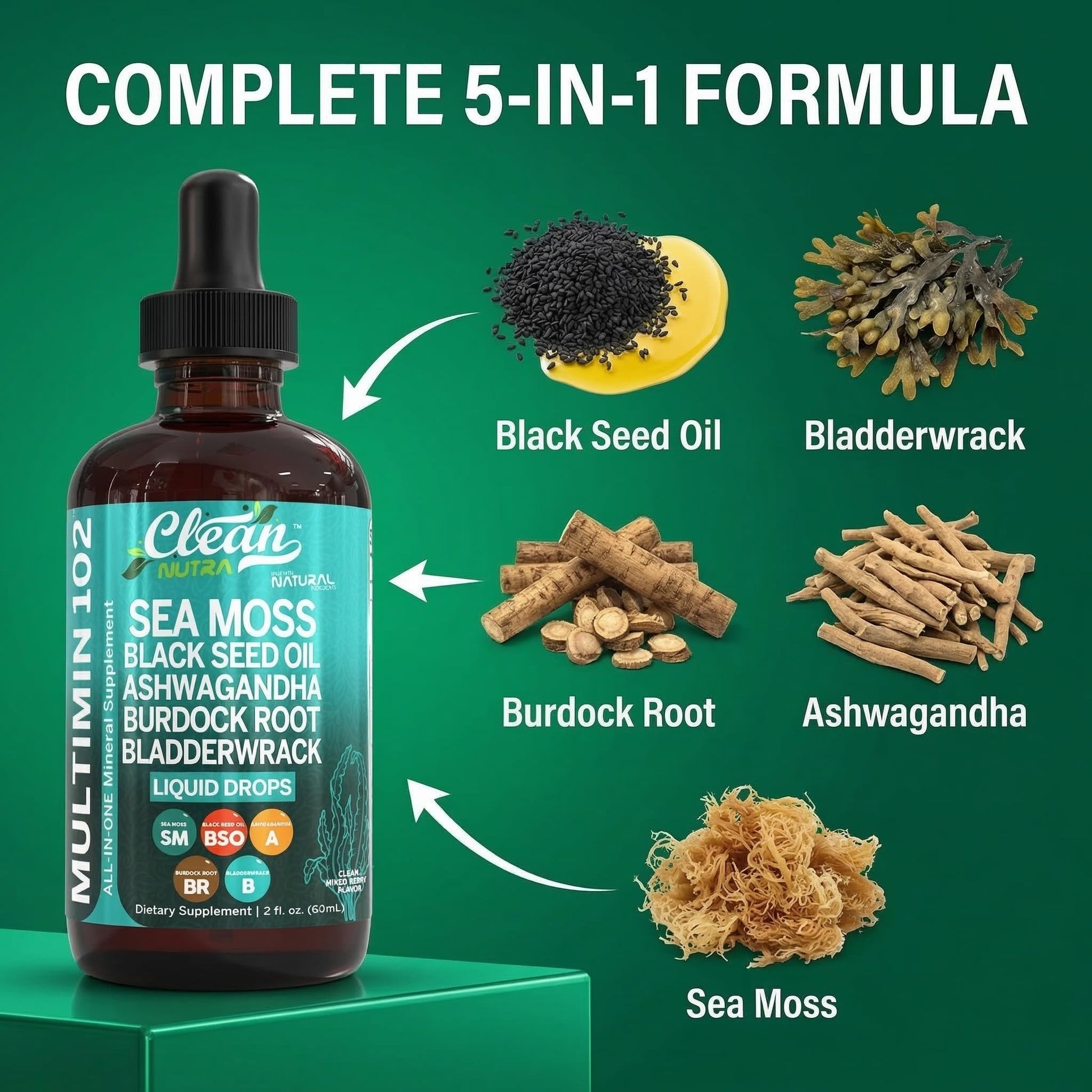 Clean Nutra Organic Sea Moss Drops Supplement | Black Seed Oil Irish Seamoss Ashwagandha Burdock Root & Bladderwrack - Multimineral Liquid Vegan - dailyvitalstore