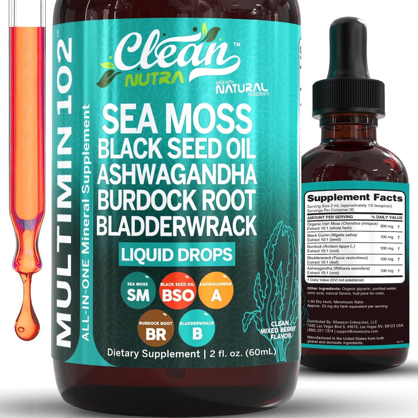 Clean Nutra Organic Sea Moss Drops Supplement | Black Seed Oil Irish Seamoss Ashwagandha Burdock Root & Bladderwrack - Multimineral Liquid Vegan - dailyvitalstore