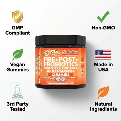 Clean Nutra Prebiotic Postbiotic Digestive Enzymes Gummies with Chicory Root, Boswellia Serrata, Turmeric, and Akkermansia | Pre+Post Probiotics Supplement - dailyvitalstore