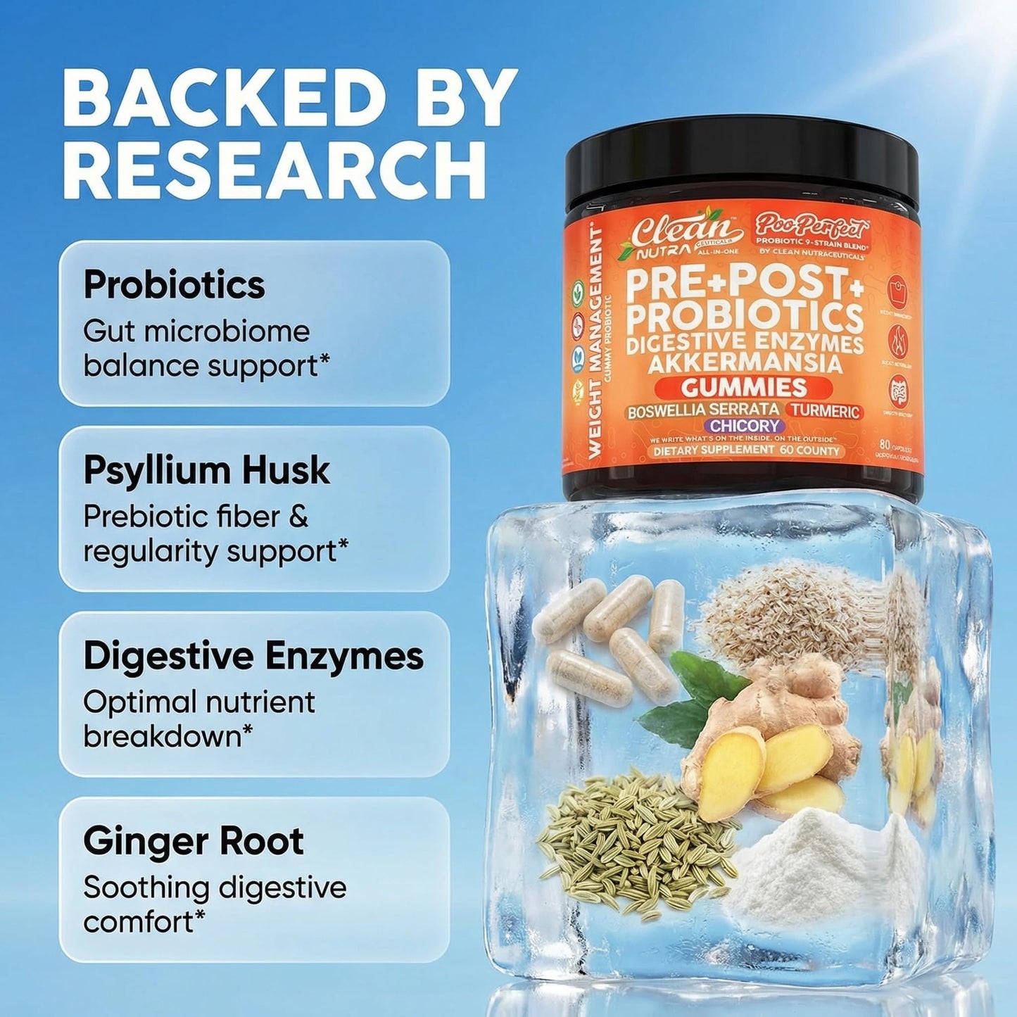 Clean Nutra Prebiotic Postbiotic Digestive Enzymes Gummies with Chicory Root, Boswellia Serrata, Turmeric, and Akkermansia | Pre+Post Probiotics Supplement - dailyvitalstore