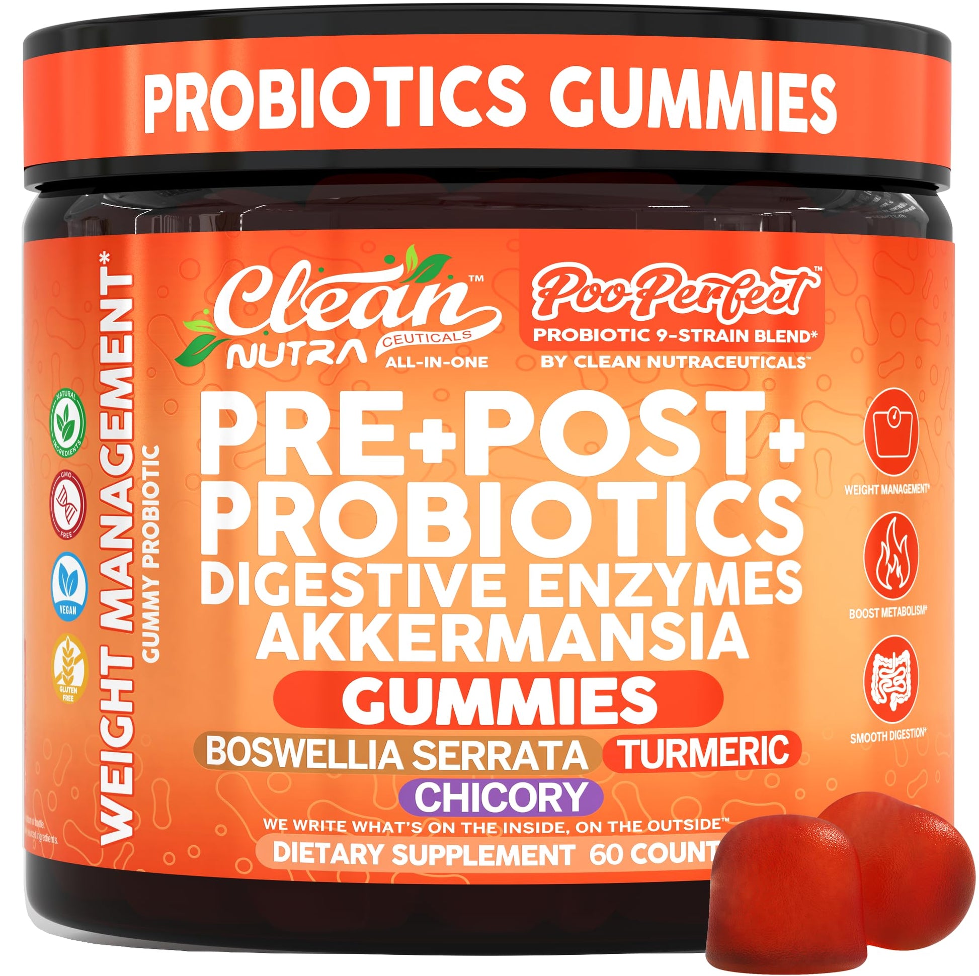 Clean Nutra Prebiotic Postbiotic Digestive Enzymes Gummies with Chicory Root, Boswellia Serrata, Turmeric, and Akkermansia | Pre+Post Probiotics Supplement - dailyvitalstore
