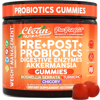 Clean Nutra Prebiotic Postbiotic Digestive Enzymes Gummies with Chicory Root, Boswellia Serrata, Turmeric, and Akkermansia | Pre+Post Probiotics Supplement - dailyvitalstore