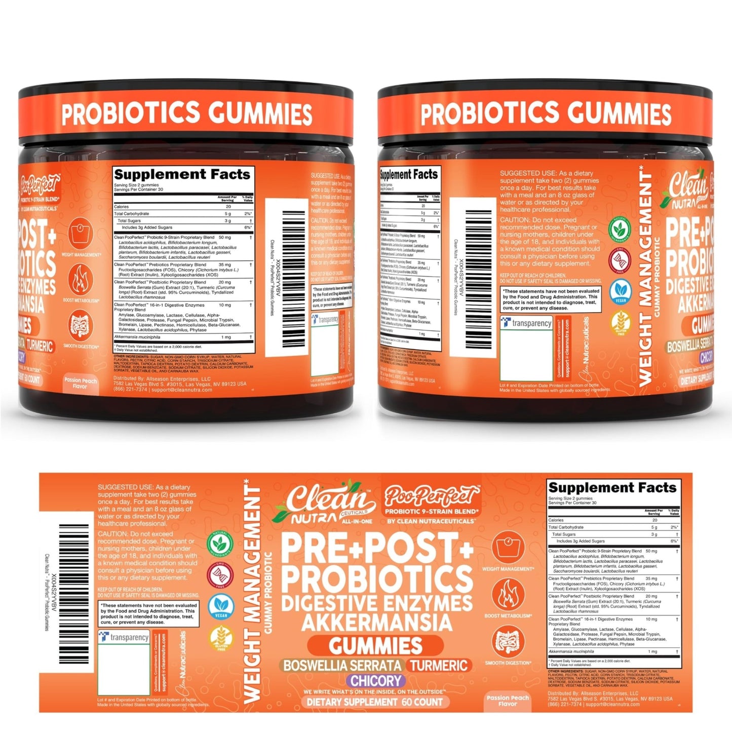 Clean Nutra Prebiotic Postbiotic Digestive Enzymes Gummies with Chicory Root, Boswellia Serrata, Turmeric, and Akkermansia | Pre+Post Probiotics Supplement - dailyvitalstore