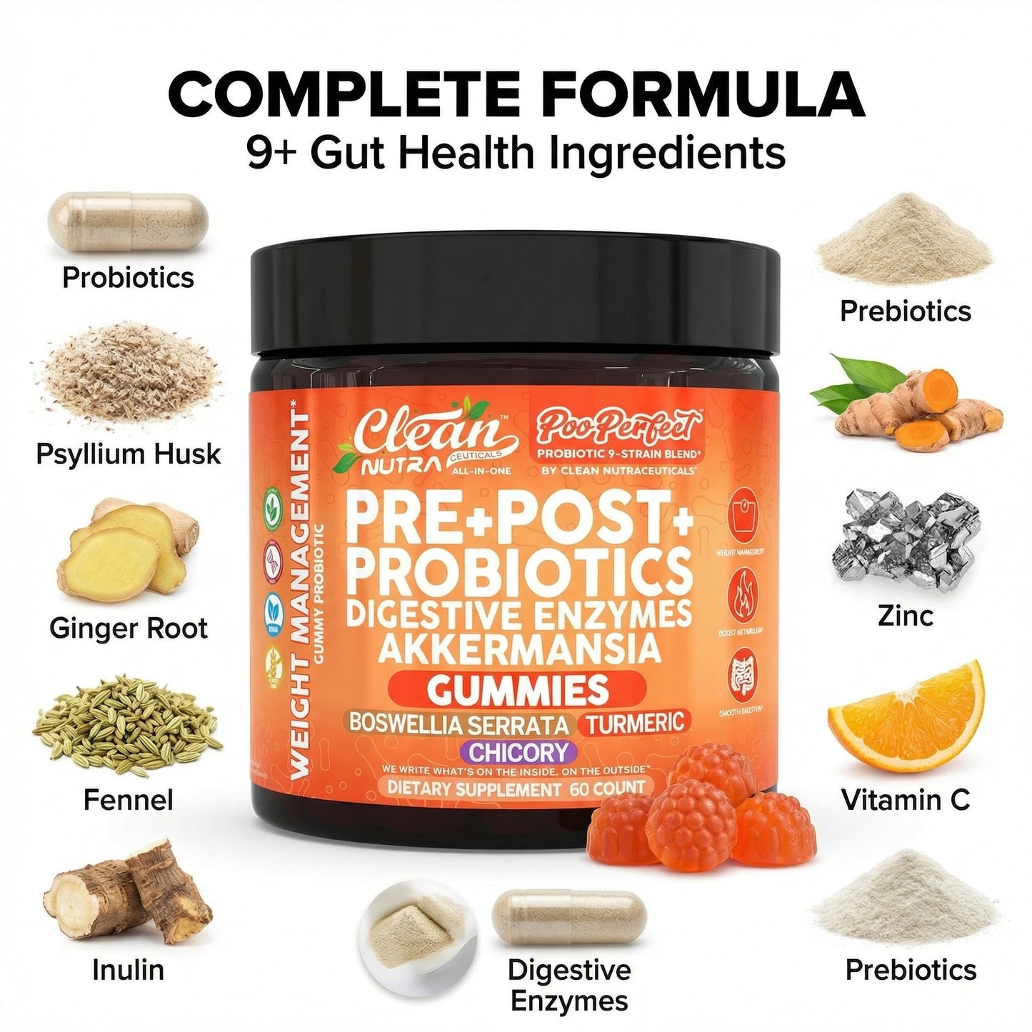 Clean Nutra Prebiotic Postbiotic Digestive Enzymes Gummies with Chicory Root, Boswellia Serrata, Turmeric, and Akkermansia | Pre+Post Probiotics Supplement - dailyvitalstore