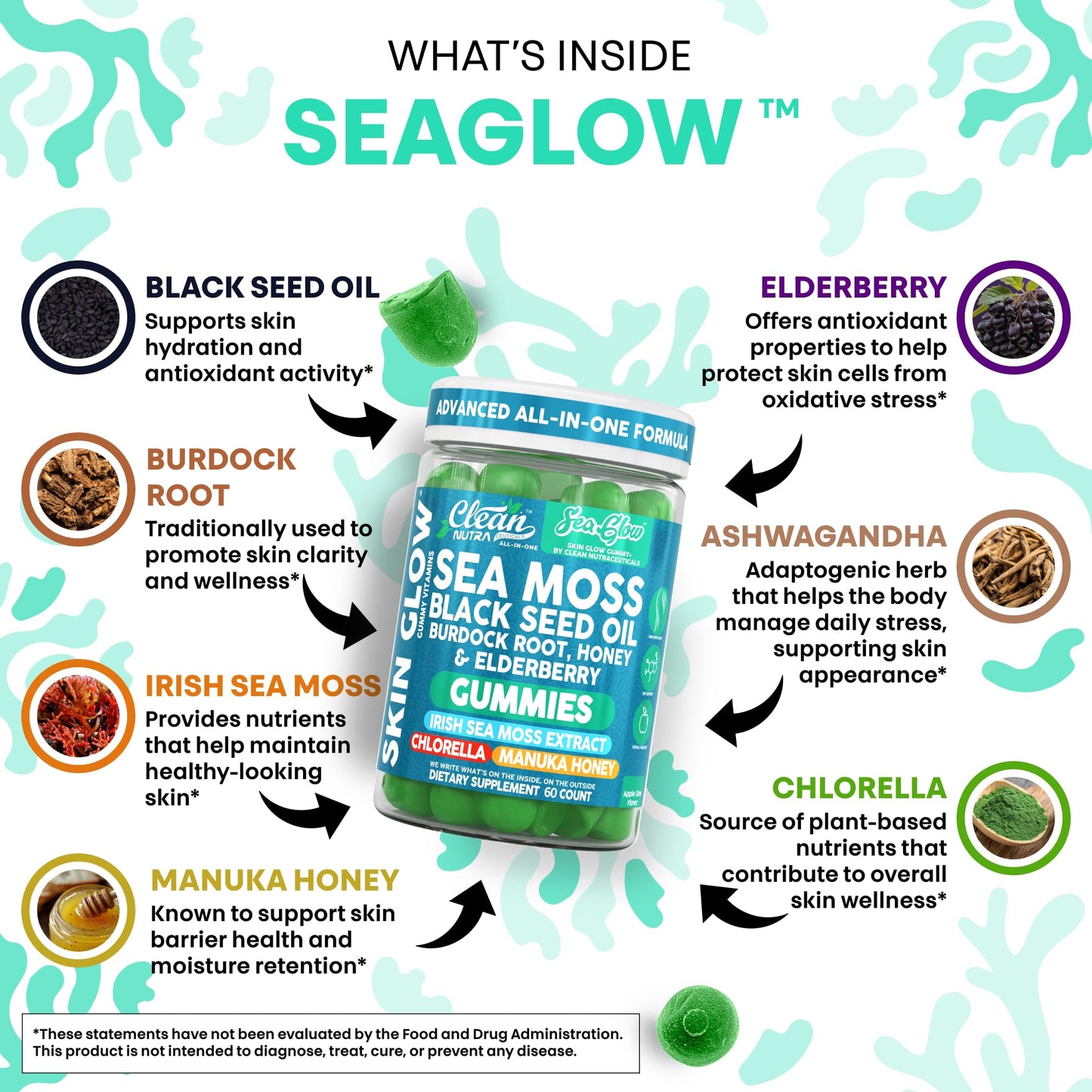 Clean Nutra Sea Moss Gummies Black Seed Oil Chlorella Ashwagandha Root Hair Growth Skin Glow Irish Sea Moss Elderberry Burdock Manuka Honey Trace Minerals Detox 60 Gummy Vitamins Sea Glow Supplement - dailyvitalstore