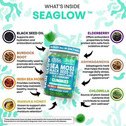 Clean Nutra Sea Moss Gummies Black Seed Oil Chlorella Ashwagandha Root Hair Growth Skin Glow Irish Sea Moss Elderberry Burdock Manuka Honey Trace Minerals Detox 60 Gummy Vitamins Sea Glow Supplement - dailyvitalstore