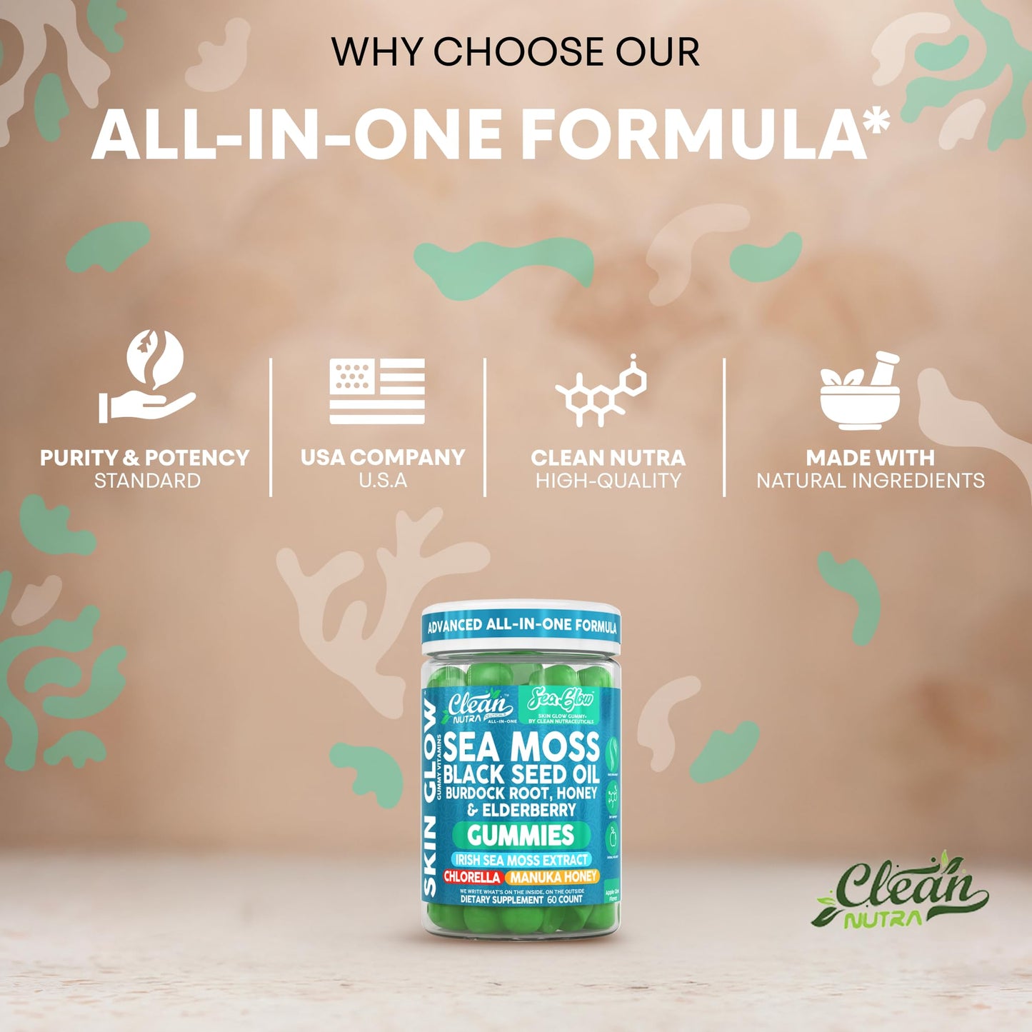 Clean Nutra Sea Moss Gummies Black Seed Oil Chlorella Ashwagandha Root Hair Growth Skin Glow Irish Sea Moss Elderberry Burdock Manuka Honey Trace Minerals Detox 60 Gummy Vitamins Sea Glow Supplement - dailyvitalstore