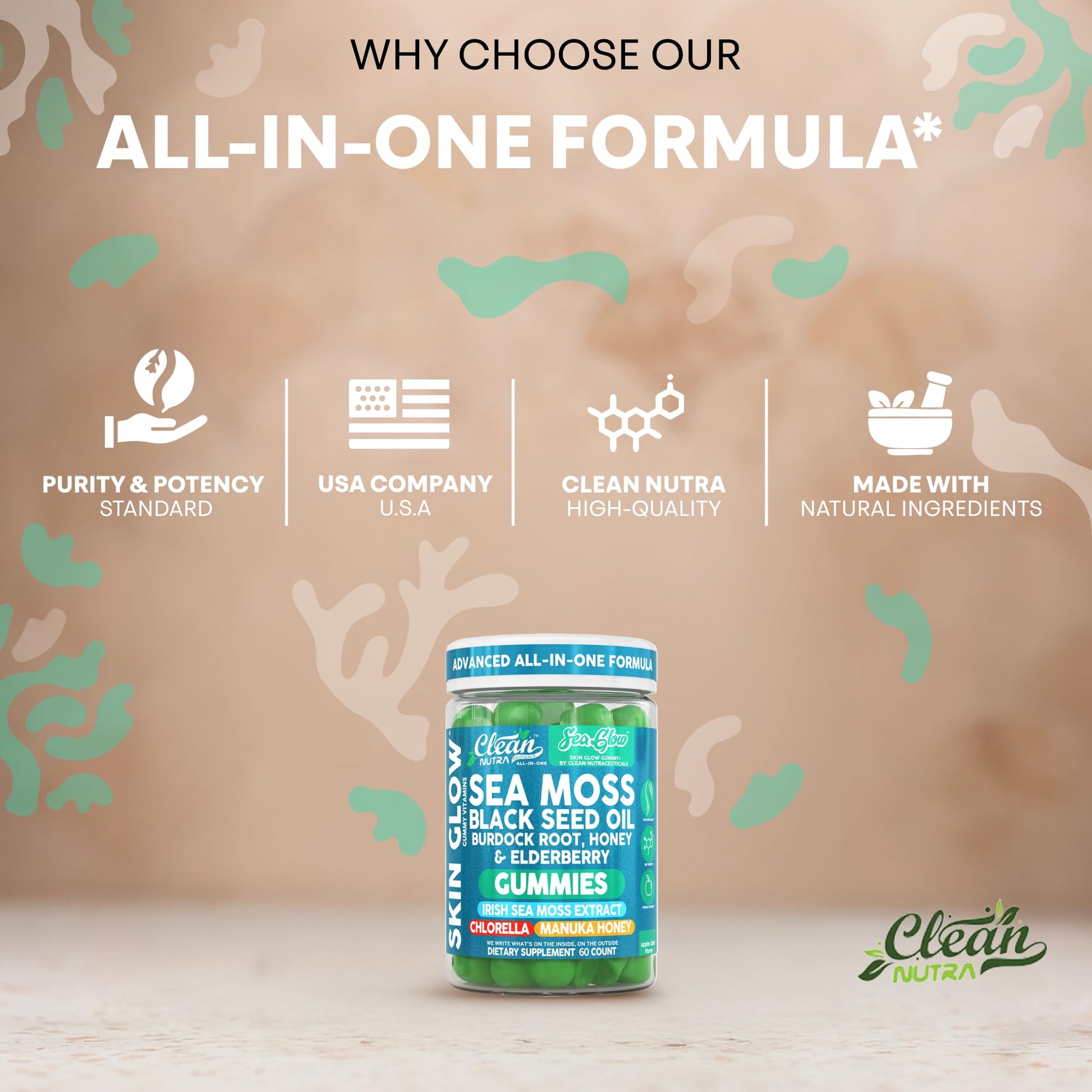 Clean Nutra Sea Moss Gummies Black Seed Oil Chlorella Ashwagandha Root Hair Growth Skin Glow Irish Sea Moss Elderberry Burdock Manuka Honey Trace Minerals Detox 60 Gummy Vitamins Sea Glow Supplement - dailyvitalstore